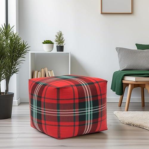 Miniatura 8 de COTTON CRAFT Puf de tartán a cuadros, taburete otomano de Navidad y Navidad, para dormitorio, decoración del hogar, cómodo puf cuadrado de algodón