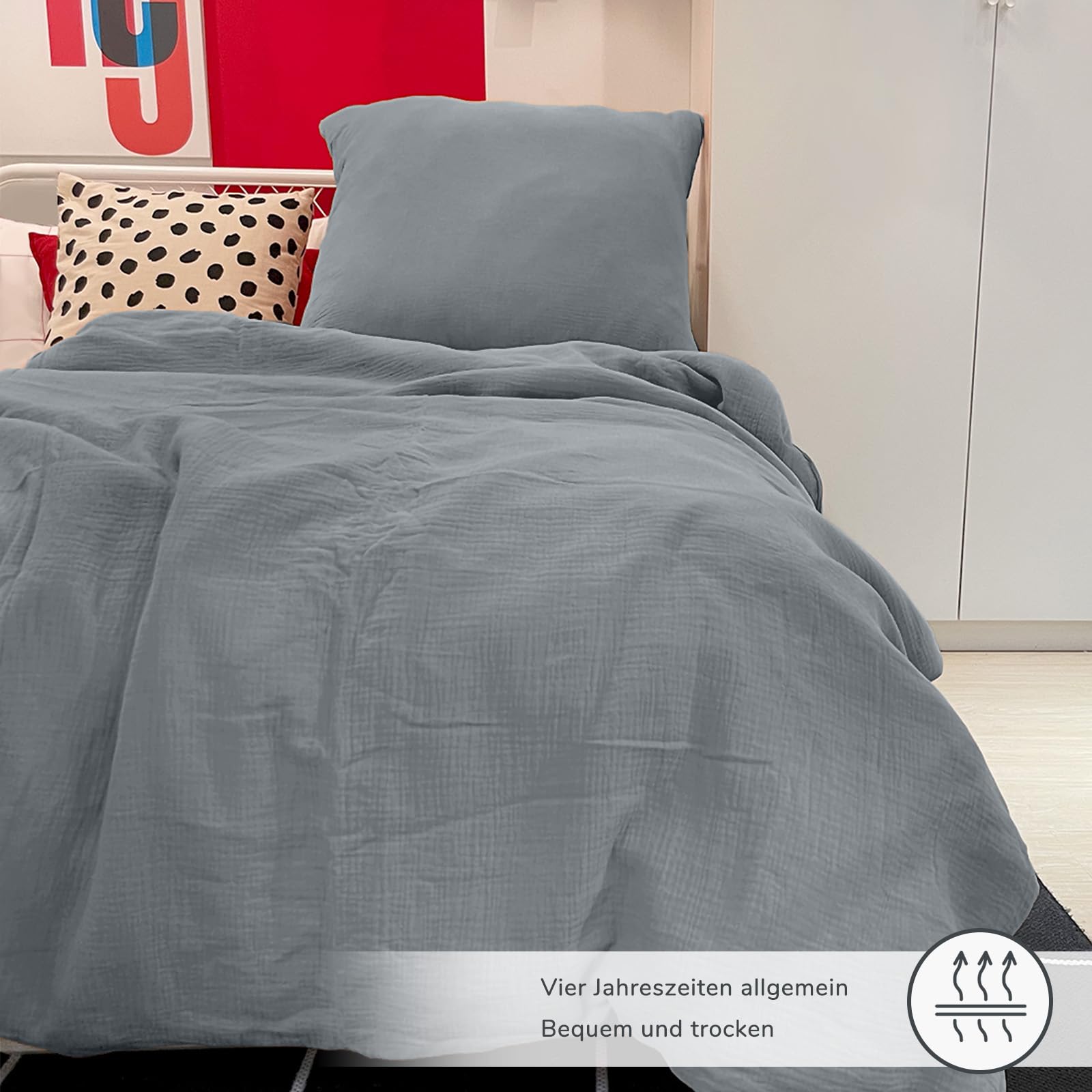 DerF HOME Musselin Bettwäsche 155x200 cm mit Kissenbezug 80x80 Rauchgrau | 100% Baumwolle, doppellagige Musselin Qualität, weich, atmungsaktiv, hautfreundlich, pflegeleicht, OEKO-TEX Standard 100