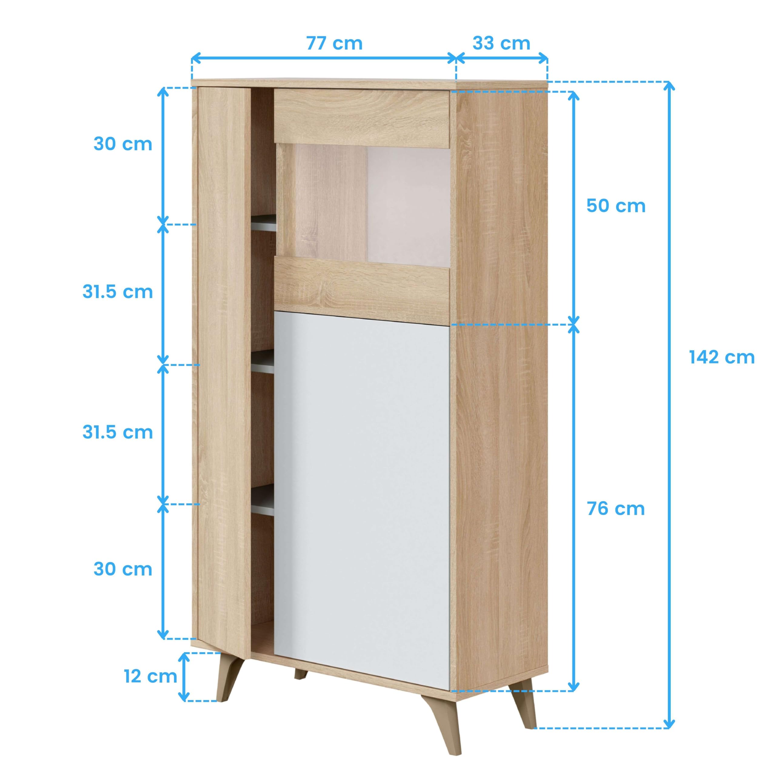 Habitdesign Vitrina con 3 Puertas, Bueffet para salón, Modelo Kikua Plus, Acabado en Blanco Artik y Roble Canadian, Medidas: 77 cm (Ancho) x 142 cm (Alto) x 33 cm (Fondo)