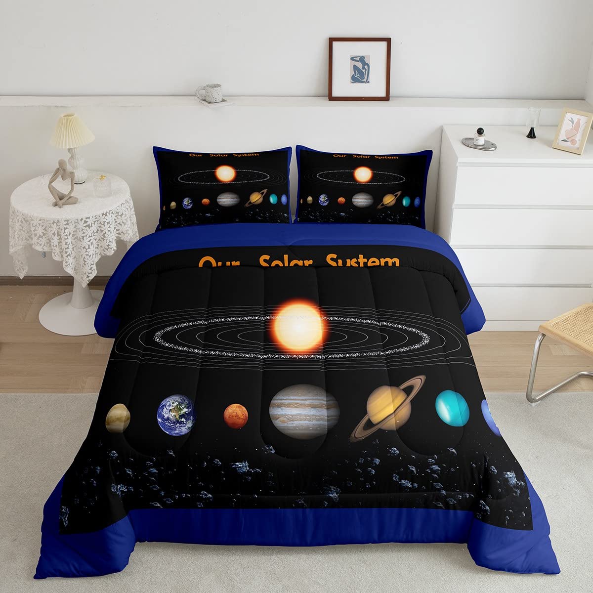 jejeloiu Solar System Bedding Set Kids Outer Space Comforter Set Universe Planets Comforter for Boys Room Decor Lightweight Galaxy Black Blue Duvet Set Queen Size
