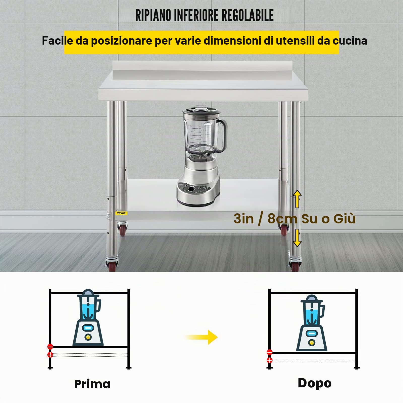 VEVOR Tavolo da Lavoro per Cucina di Preparazione Alimenti in Acciaio Inox 4 Ruote Alzatina 5cm, Piano da Lavoro Ripiano Doppio 91,4x61x89cm con Ruote e Alzatina Capacità Carico 200kg, metallico