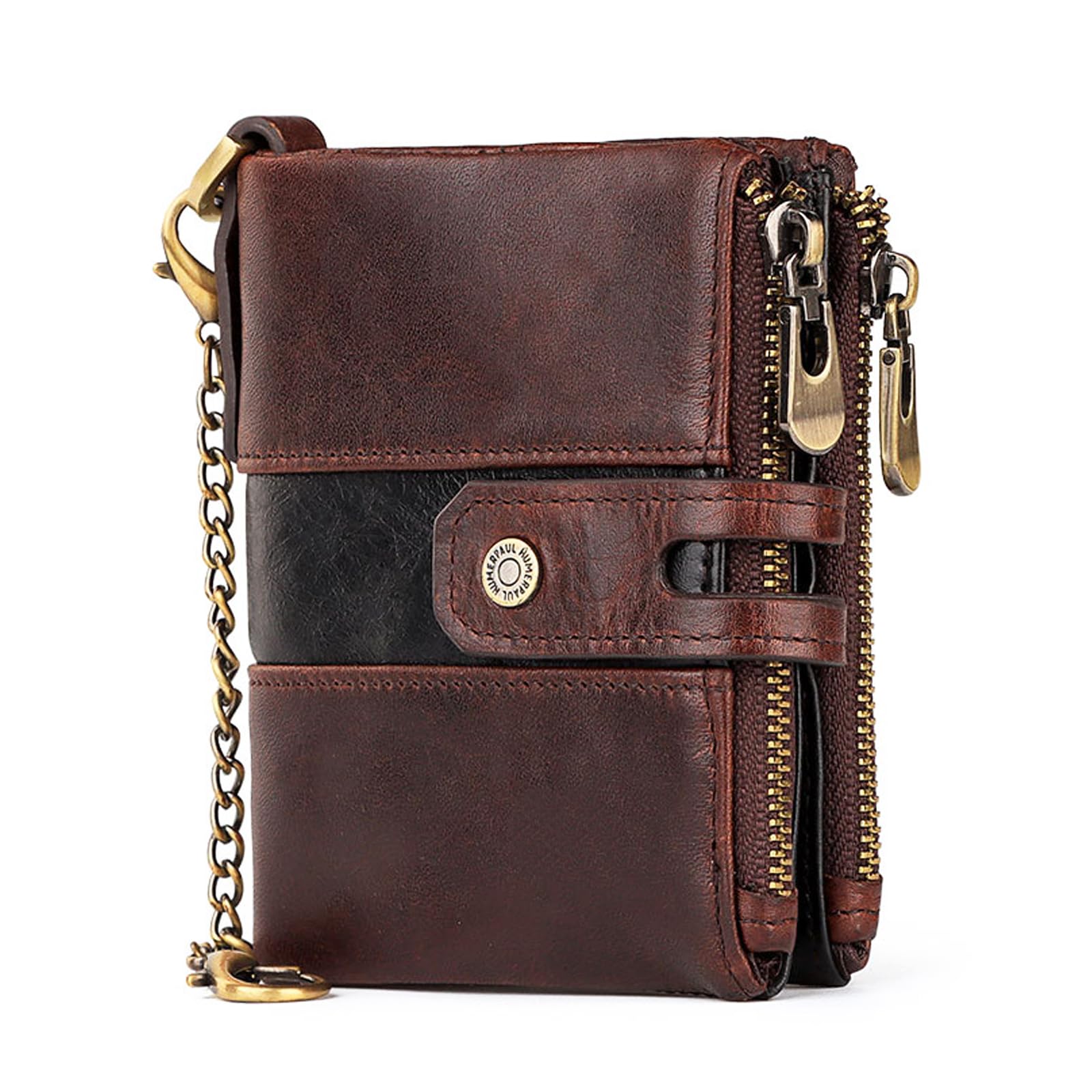 aolaso Mens Wallet with Chain RFID Blocking Genuine Leather Bifold Biker Wallet for Men Double Zipper Coin Pocket Purse with Double Anti-Theft