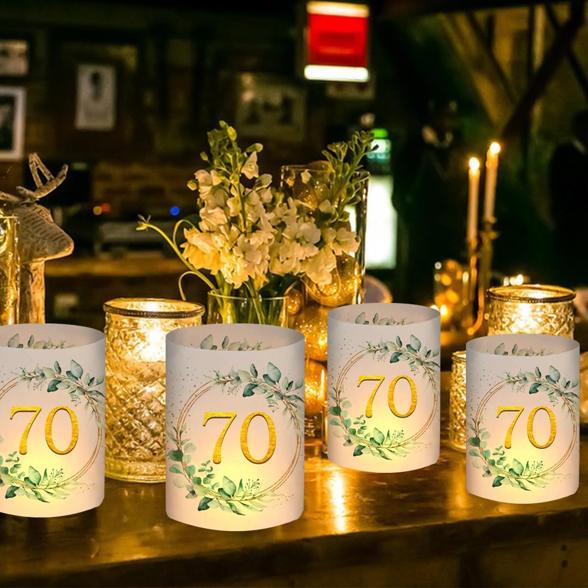 Lot De 6 Photophores Happy Birthday + 100 Confettis - Décoration Table Anniversaire - Motif Eucalyptus Doré - Hauteur 10cm
