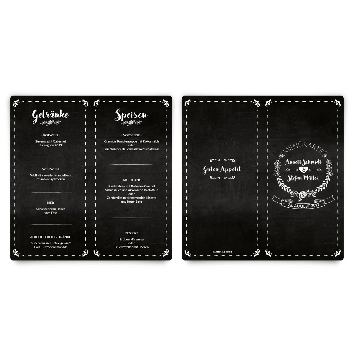 Menükarten Hochzeit (60 Stück) - Schiefer Tafel Kreide Look - Speisekarte Getränkekarte Menü