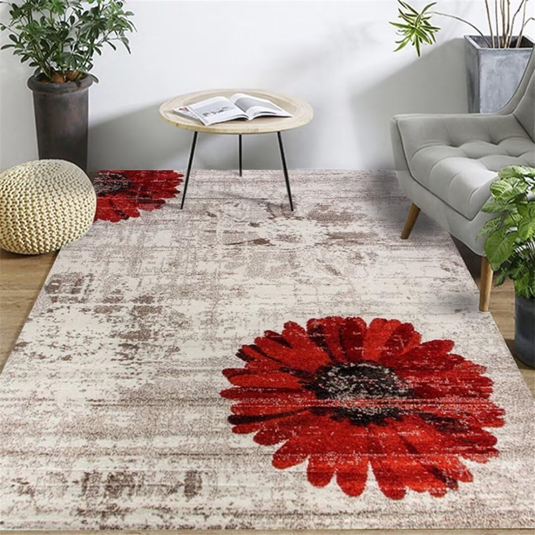 Alfombra de cocina lavable contra manchas: tapete floral antiguo rojo de 200x300cm para suelo