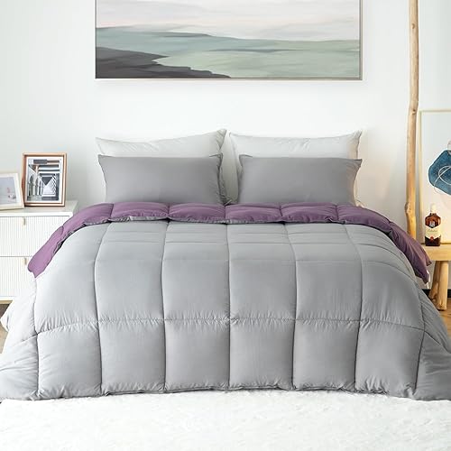 Miniatura 7 de KASENTEX Juego de edredón morado ultrasuave de fácil lavado, tamaño Queen, estampado de uvagris gaviota