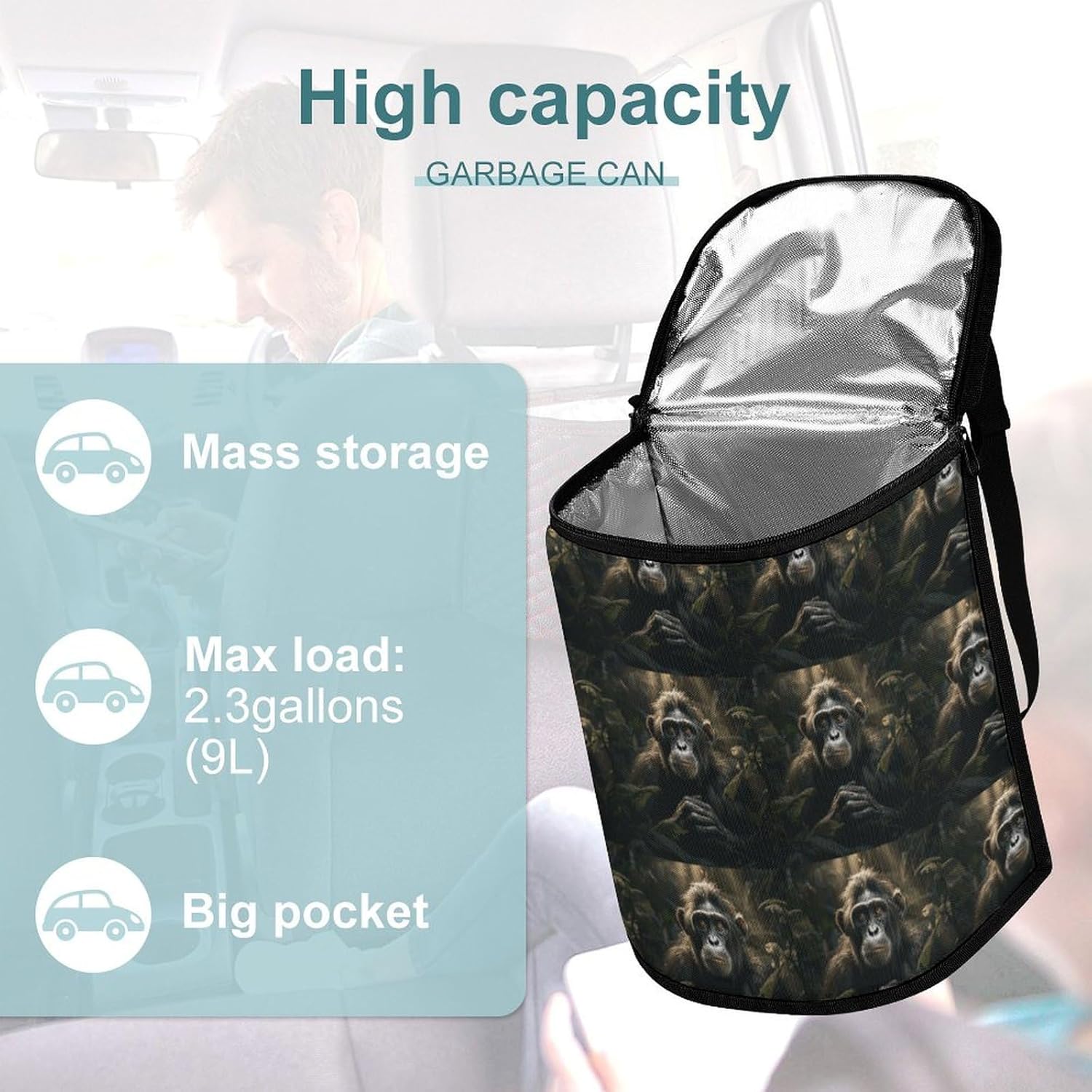 Hanging Car Trash Bag Monkey in Jungle Printed Car Garbage Storage Bag Leakproof Car Trash Can Portable Garbage Storage Bags