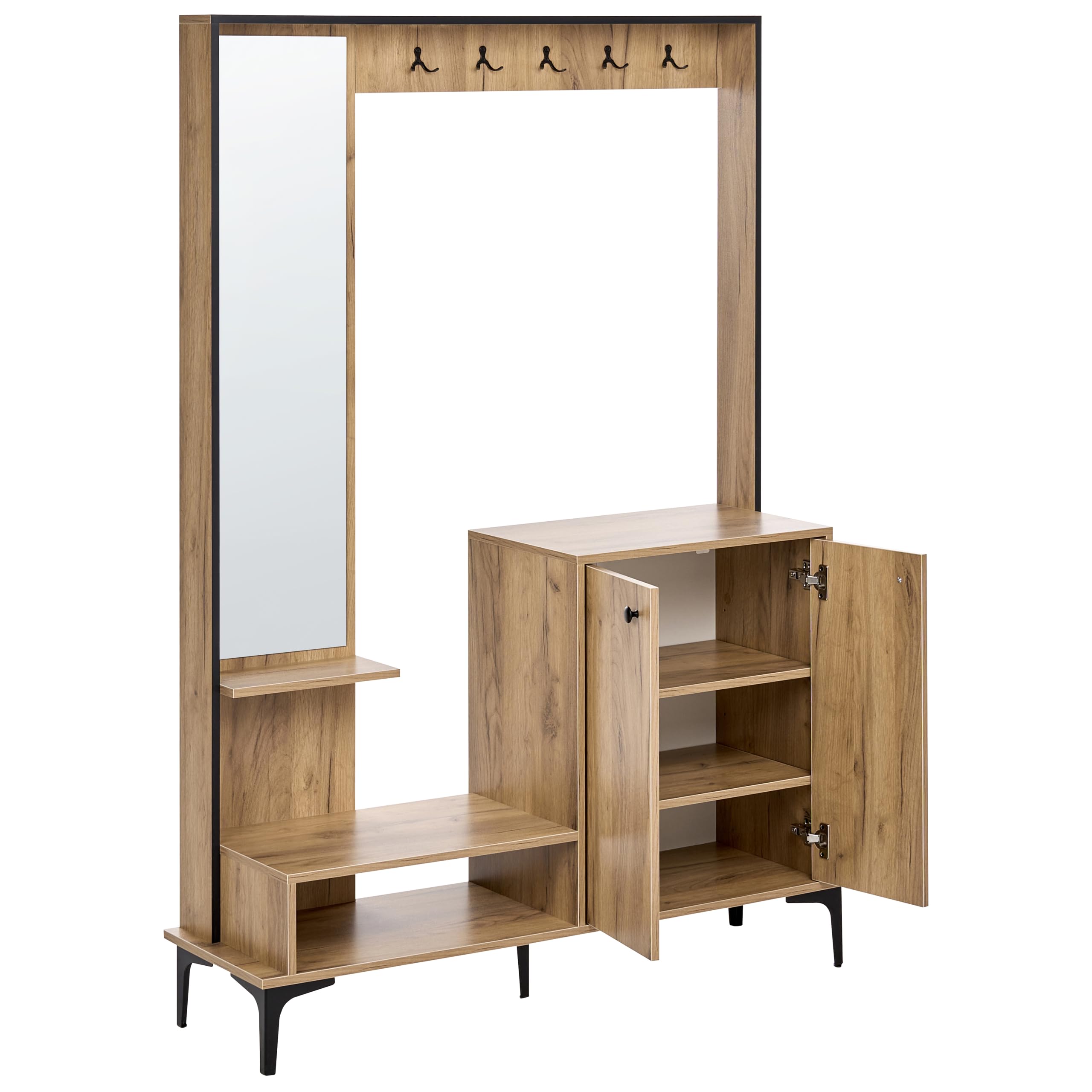 Beliani Mueble de recibidor con Zapatero 120 cm de Ancho x 170 cm de Alto con Armario Perchero y Espejo de aglomerado marrón Claro Broome