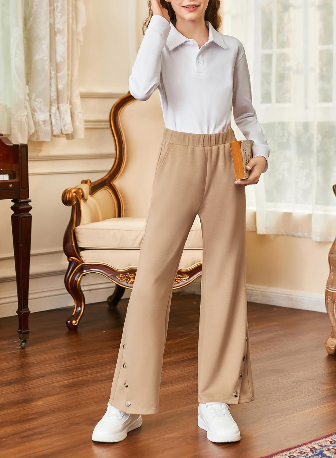 blibean Tween Girls Bell Bottom School Uniform Pants Stretchy Leggings Size 6-15 Years - Image 4