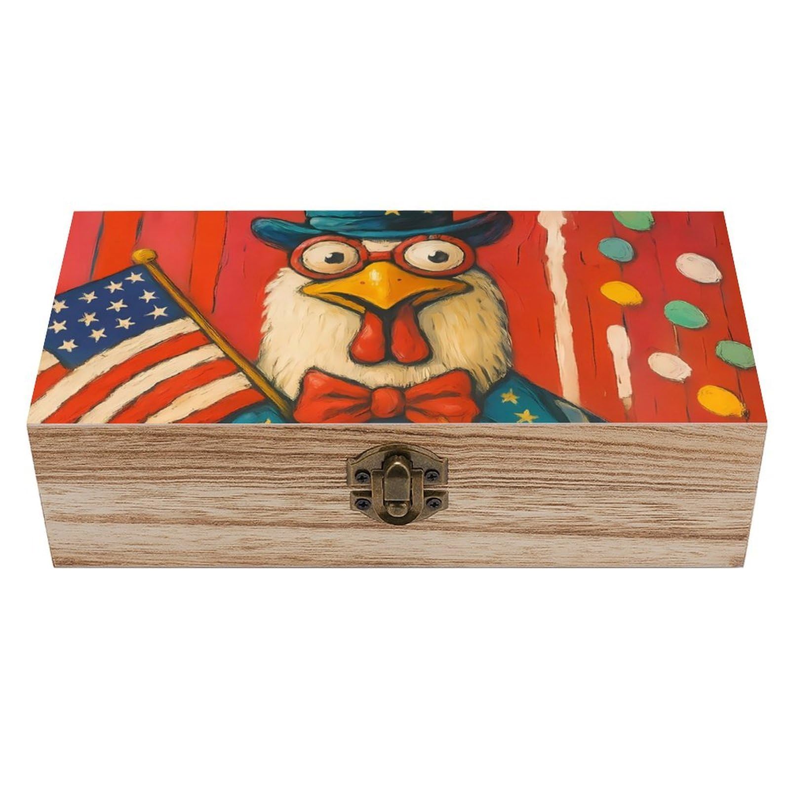 HLBSDM Funny American Rooster Holding Colorful Eggs Retro Wooden Storage Box Jewelry Art Gift Boxs Decorative Keepsake Boxes