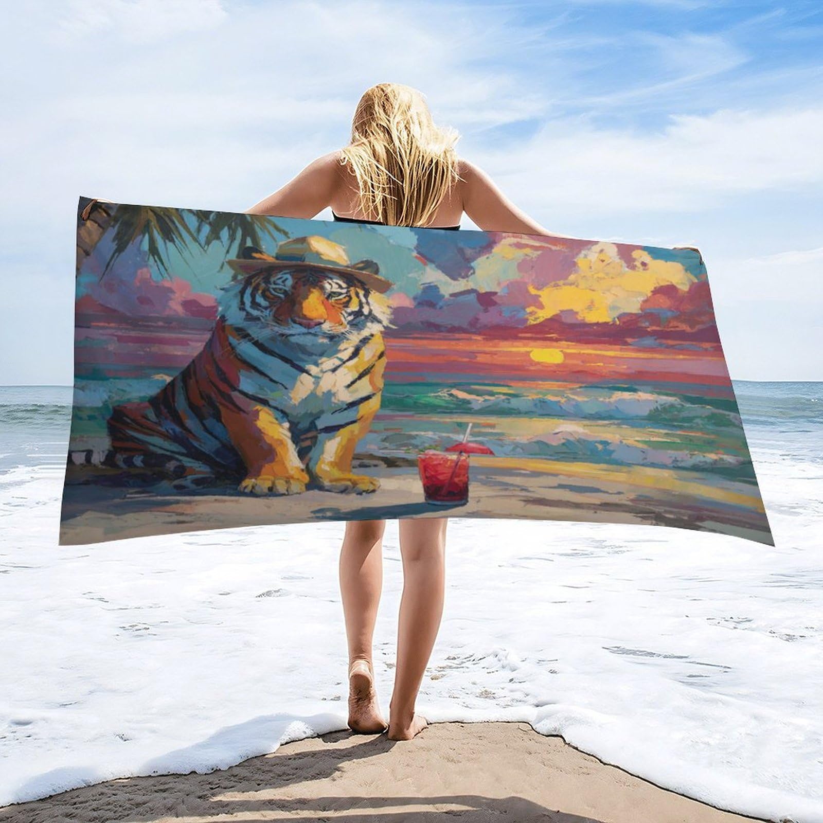 Luyysky Rustic Watercolor Animal Tiger Absorbent Beach Towel, Modern Realistic Sunset Beach Tropical Plant Palm Tree Outdoor Single-Sided Velvet Beach Towel-80 W Cm X 160" L Cm
