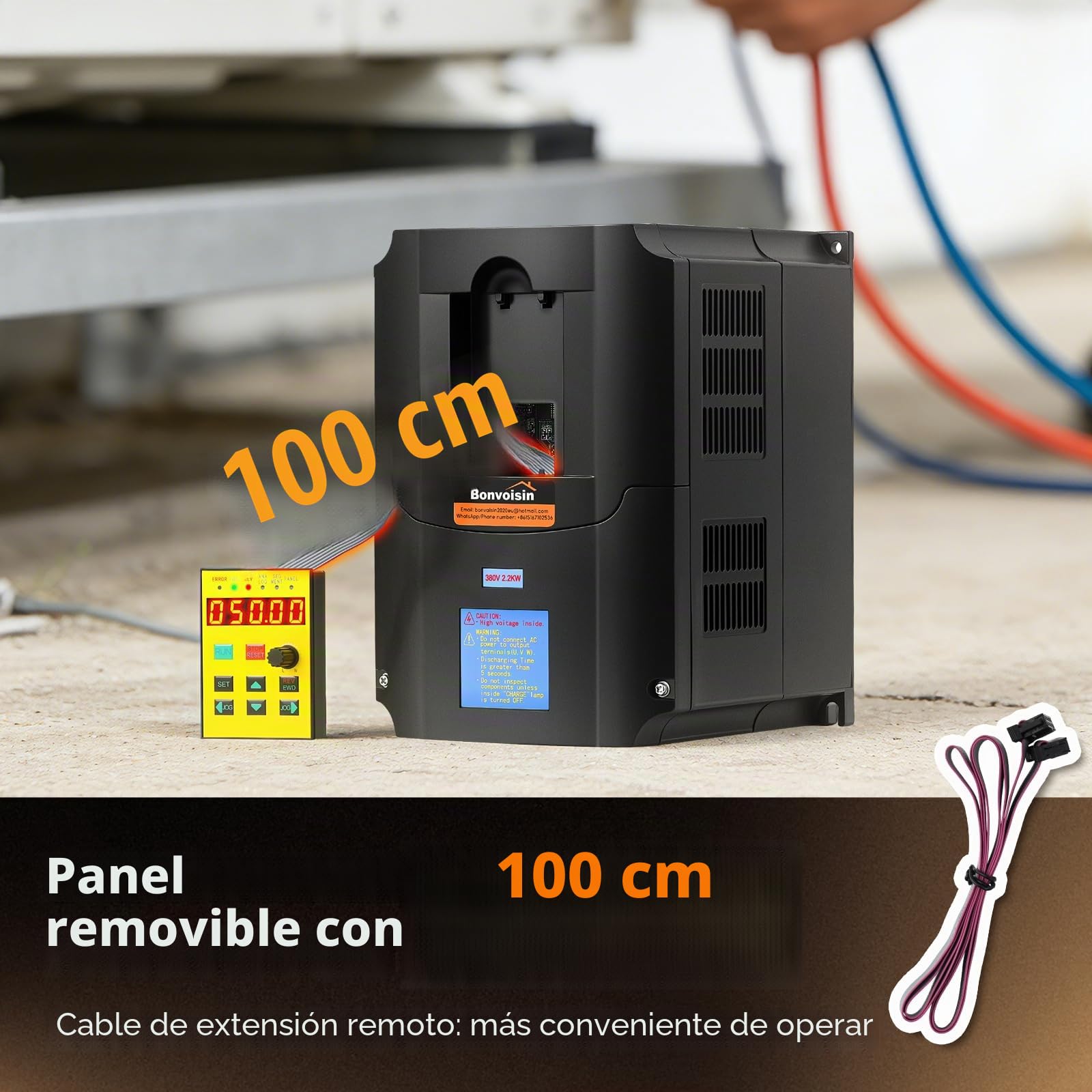 Bonvoisin Variador de Frecuencia Trifasico, 380V 2,2kW, Entrada Trifásica | VFD, 3HP, Regulador de Velocidad, Control Vectorial para Motor de Husillo CNC y Motores Industriales, Cable de Panel 100cm