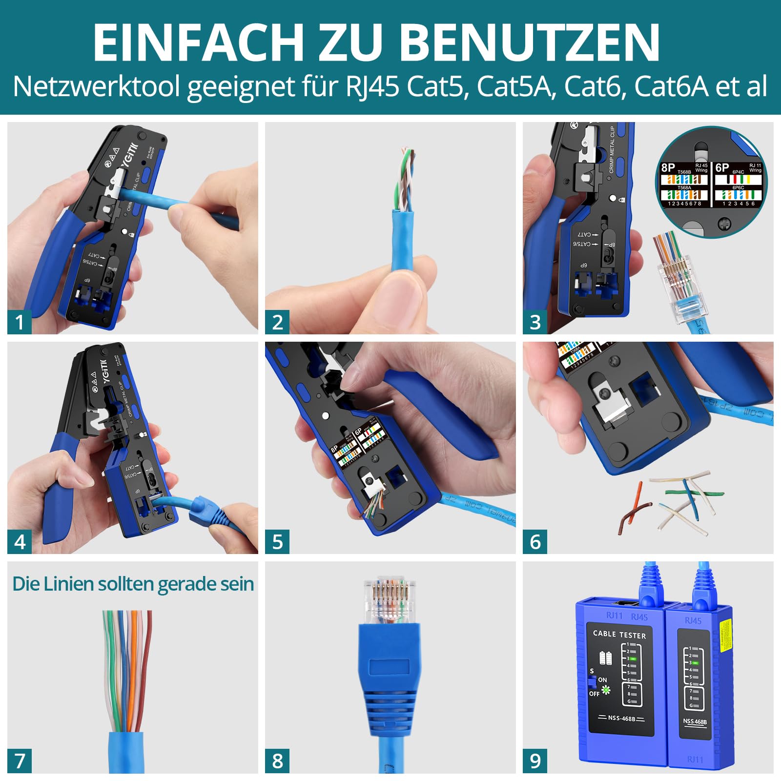 YGiTK RJ45 Crimp Tool Kit, 3-in-1 Crimper, Stripper, Cable Tester for CAT5, Cat5e, CAT6,Cat6A 8P+6P - Image 4