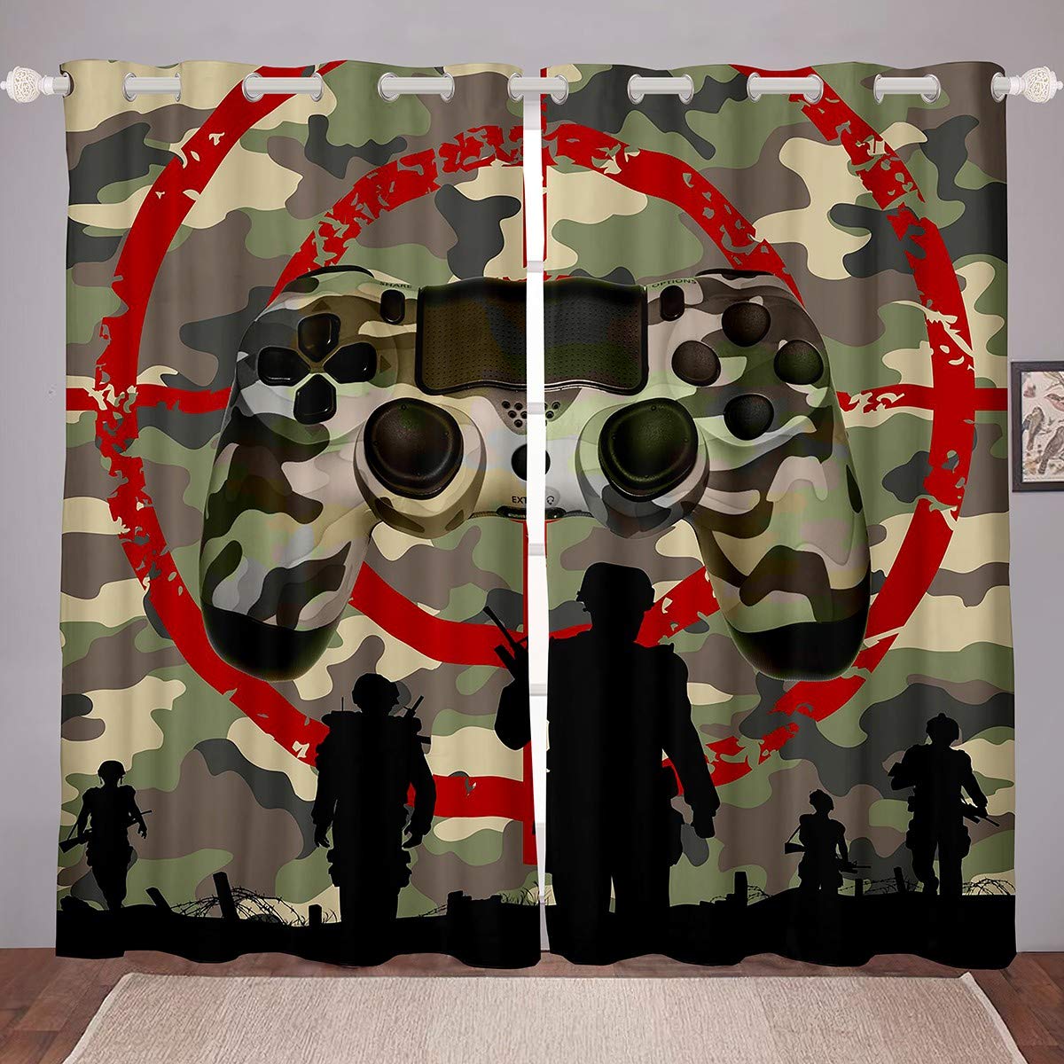 Camo Curtains Camouflage Gamepad Curtains for Bedroom Living Room for Kids Boys Teens Military War Theme Video Game Gamepad Windows Drapes Game Controller Room Decoration,W46*L72