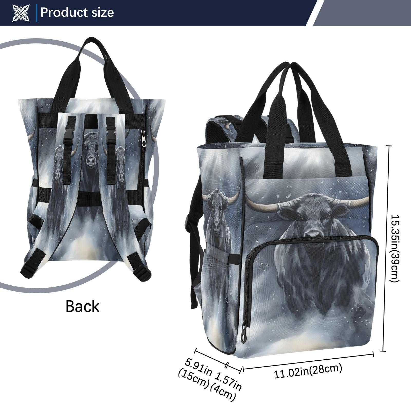 Toro Negro Tormenta De Nieve Fuerte Bolsa de Pañales Mochila de Viaje Gran Capacidad Bolsas para Mamá Papá Mujeres Niñas