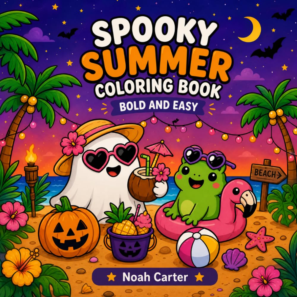 Spooky Summer Coloring Book: Bold & Easy Kawaii Beach, Ghost, Pumpkin & Tropical Halloween Designs for Adults, Teens & Kids