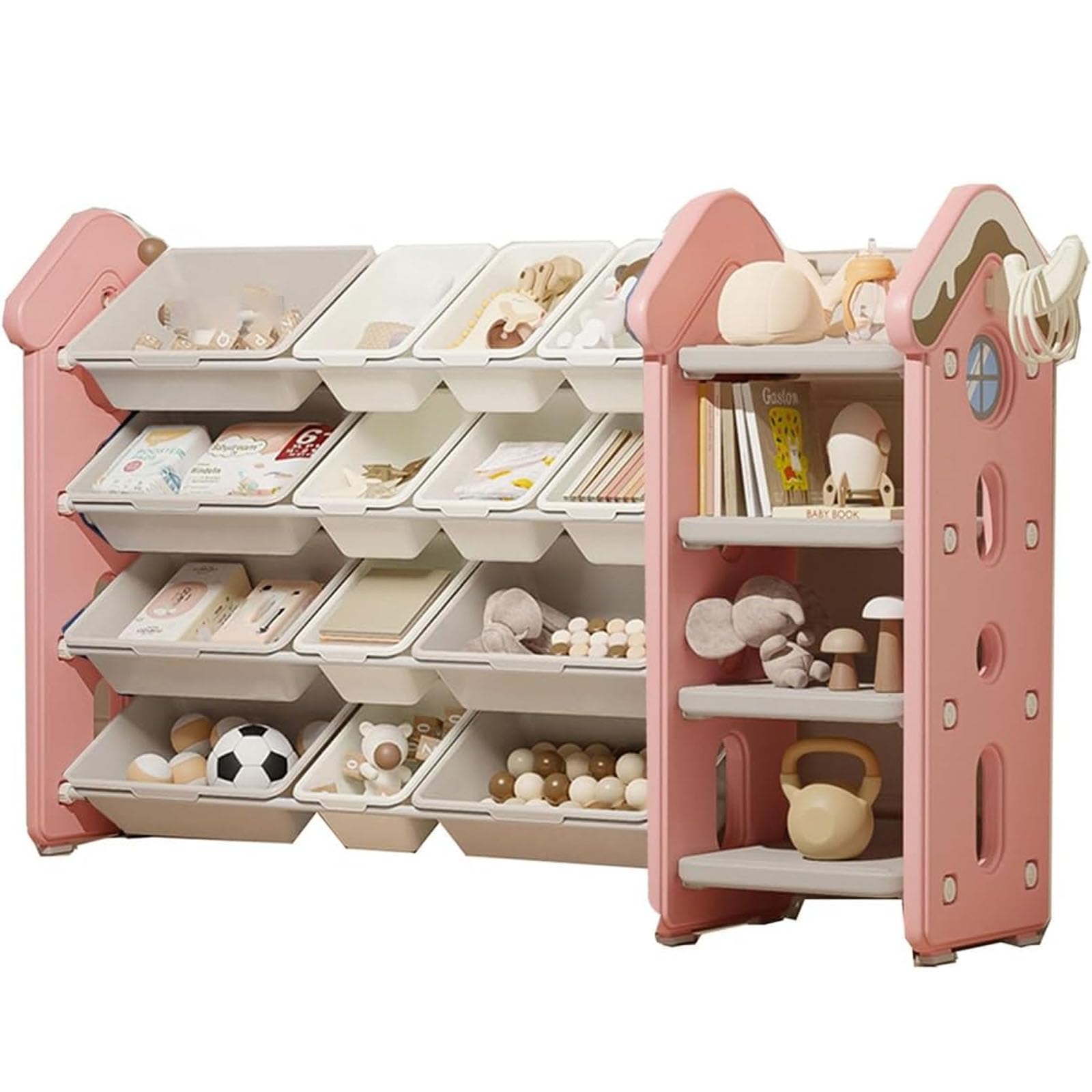 Organisateur de rangement de jouets avec 12 bacs, bibliothèque à 4 niveaux, organisation de chambre d'enfant, assemblage facile pour chambre à coucher et décoration de salle de jeux