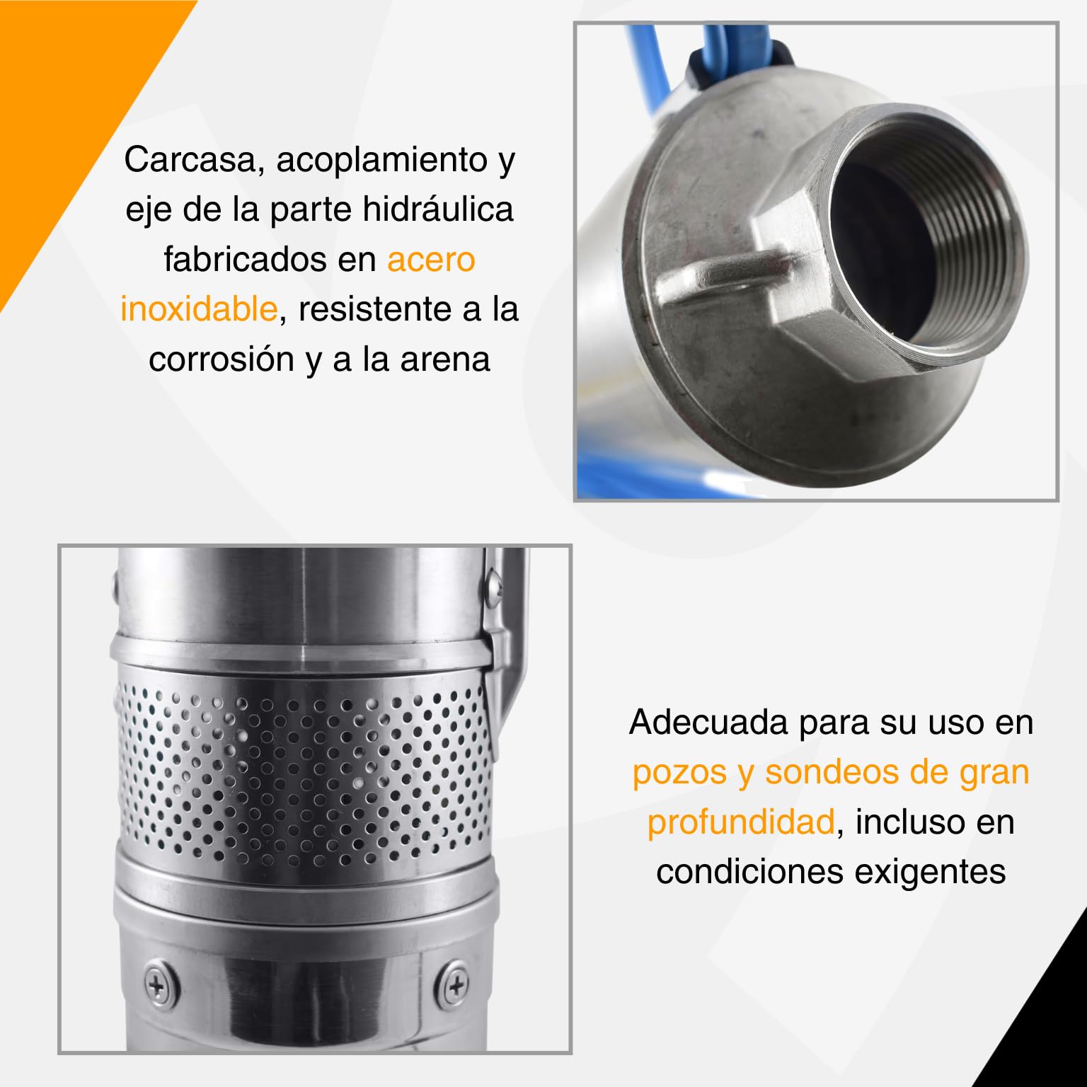 ESPA LEADER Bomba Sumergible Saturn 4 04 14 M, 1900 W, Caudal Máx 6.800 l/h, Altura Bombeo 102m, para Pozos, Trasvases de Agua, Riego por Aspersión y Goteo, Acero Inoxidable, Cuerda de Suspensión 20m