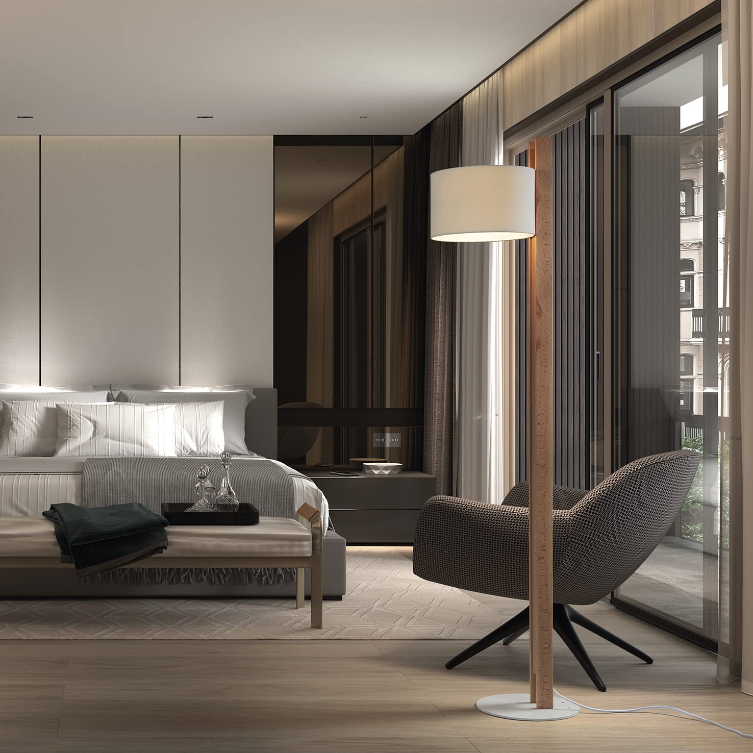 EXO Lighting - Lámpara pie salón Compact madera haya pantalla beige portalámpara E27. Lámpara de suelo estilo nórdico para salas de estar y dormitorios.