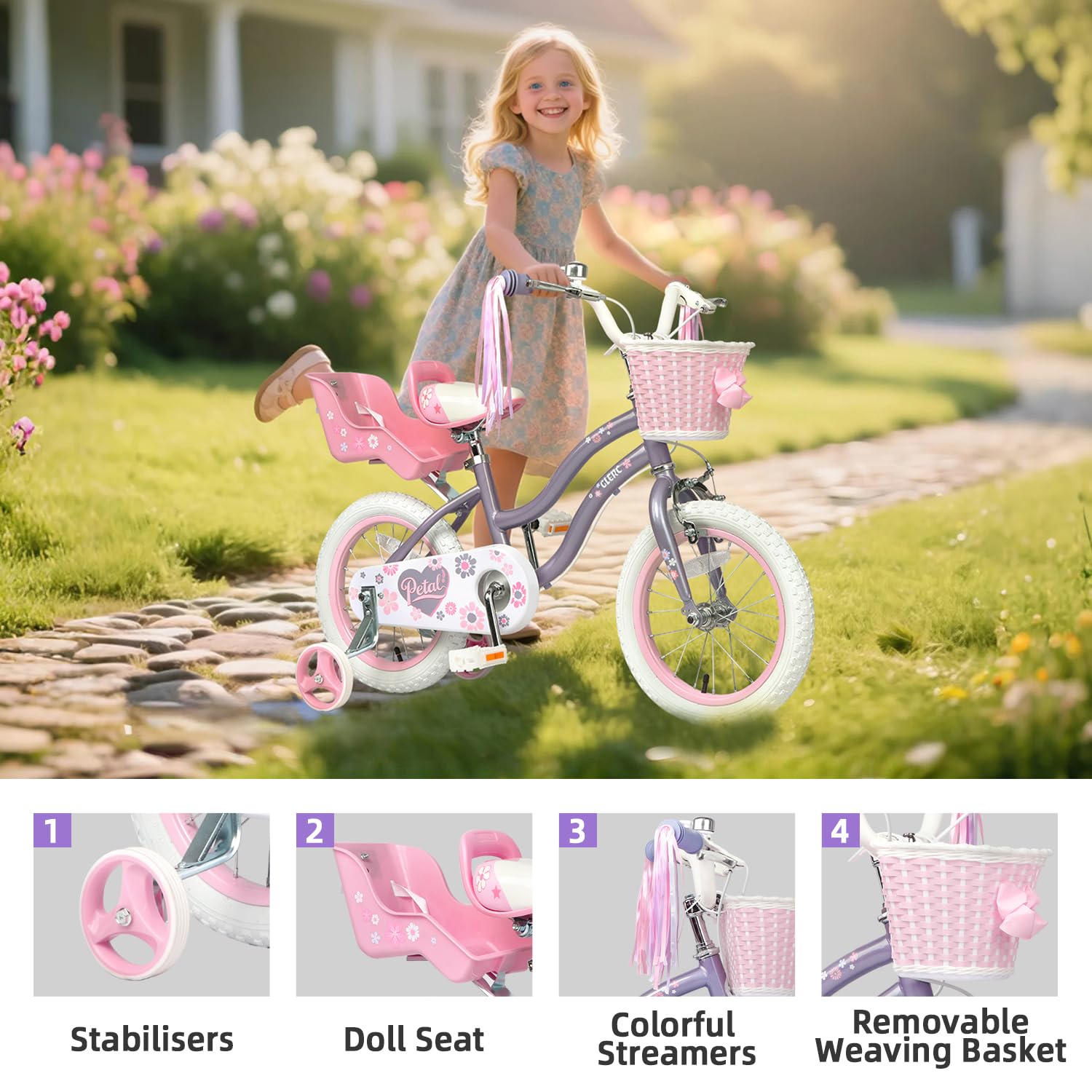 Glerc Petals 12 14 16 Zoll Kinderfahrrad Prinzessinnen-Stil für 2-8 Jahre alte Mädchen, mit Lenkerquasten & Korb & Stützrädern,Rosa/Blau/Lila/Pfirsichfarben