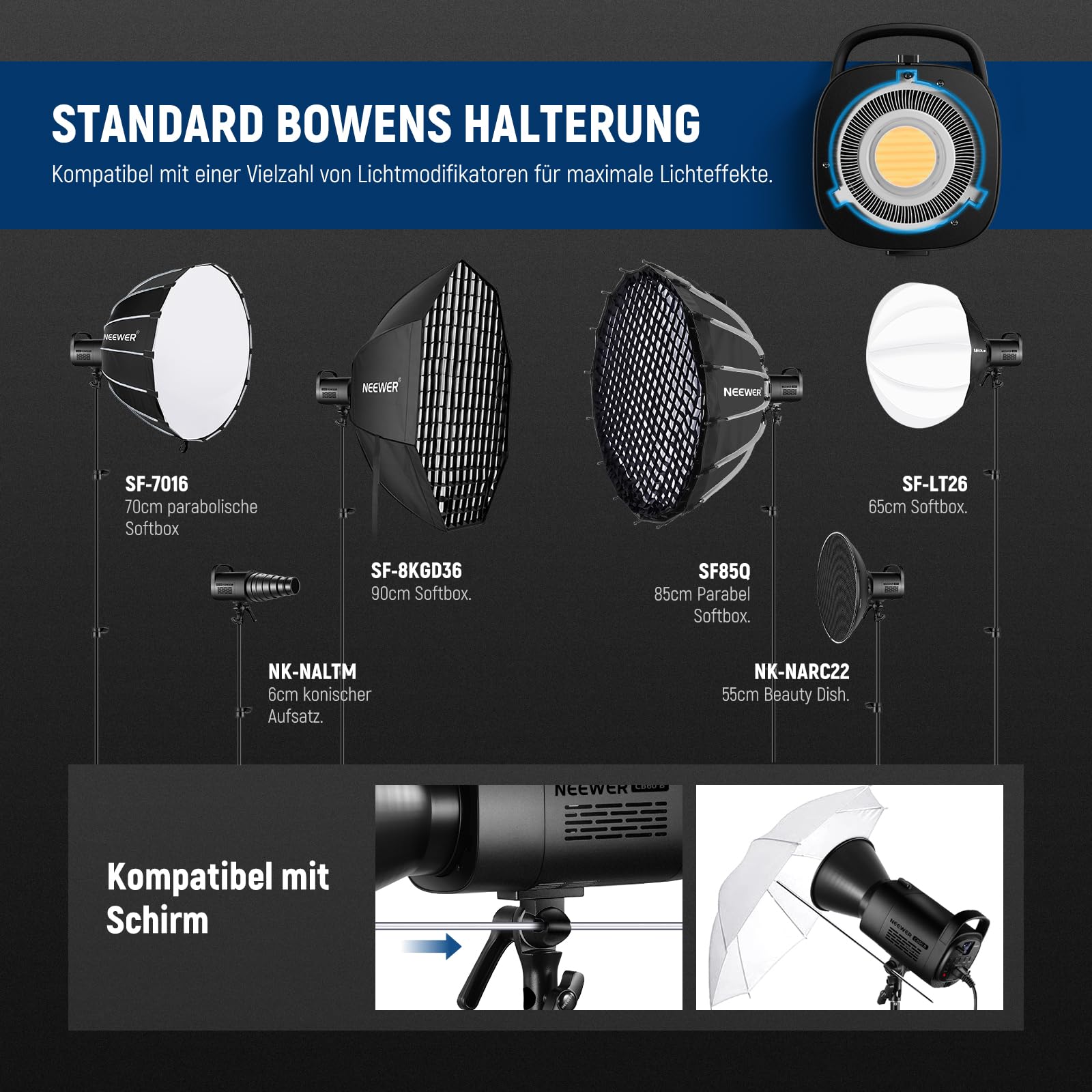 NEEWER 70W LED Videoleuchte, 2,4G und APP Steuerung, zweifarbig 2700K-6500K Videolicht, 34000 Lux/1m, CRI97+/12 Szenen/Bowens COB Dauerlicht für Studio Fotografie Videoaufnahmen und Streaming, CB60B