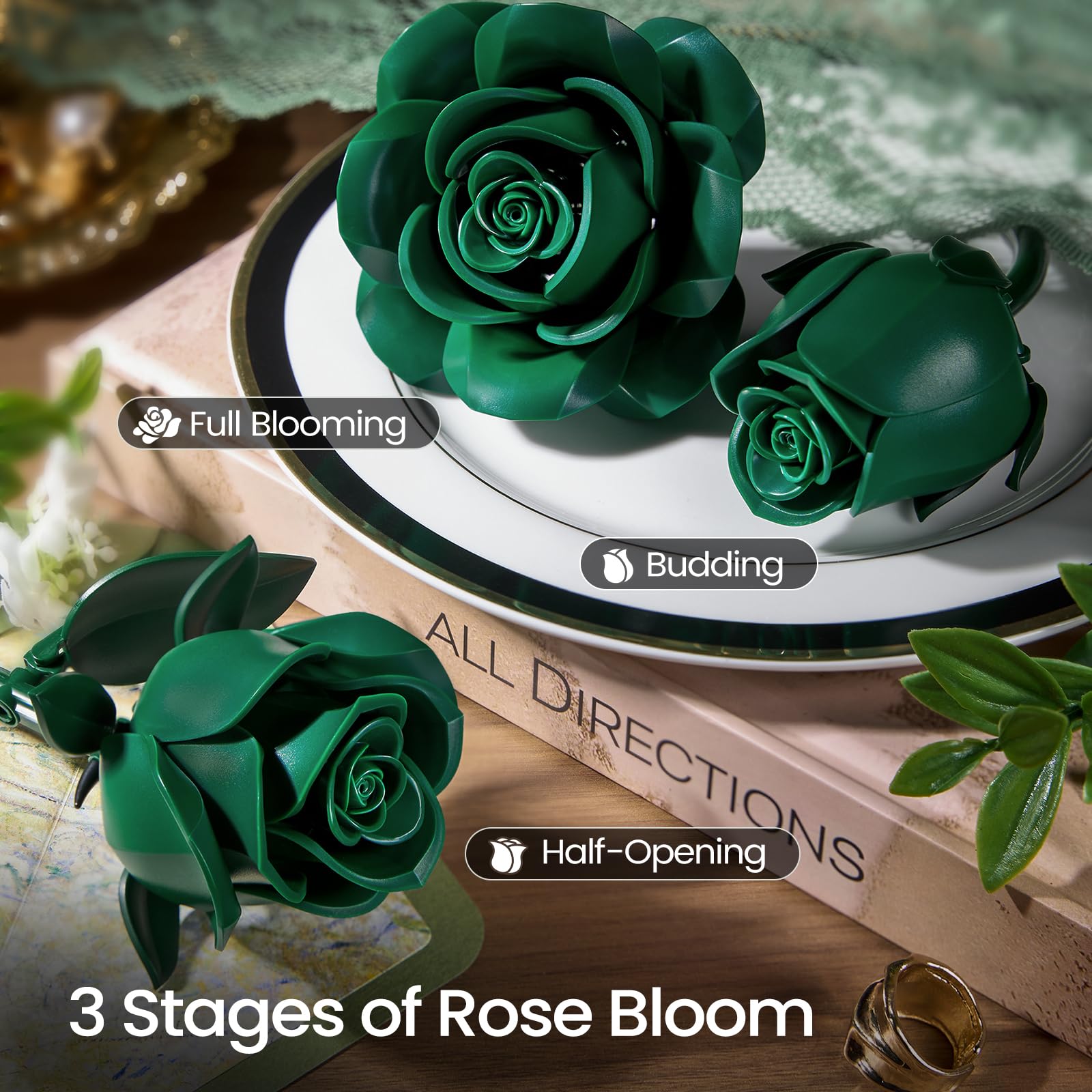 iATOM Burgundy Red Rose Bouquet Building Set, 12Pcs Flower Botanical Collection Kit for Adult, for Her/Girlfriend/Mom/Wife/Couple, Vintage Home Office Table Centerpiece Decor: Green Rose Bouquet