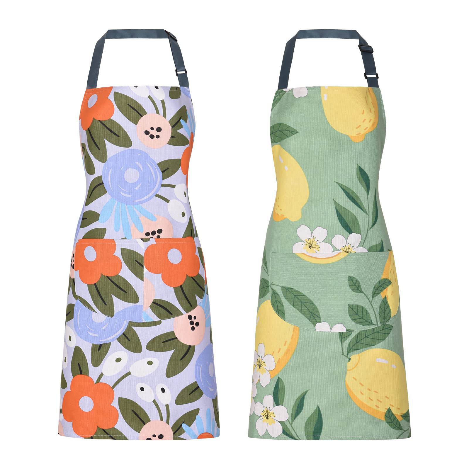 Paquete de 2 delantales florales para mujer con bolsillos, delantales de chef de algodón ajustables para cocina, cocina, barbacoa y parrilla