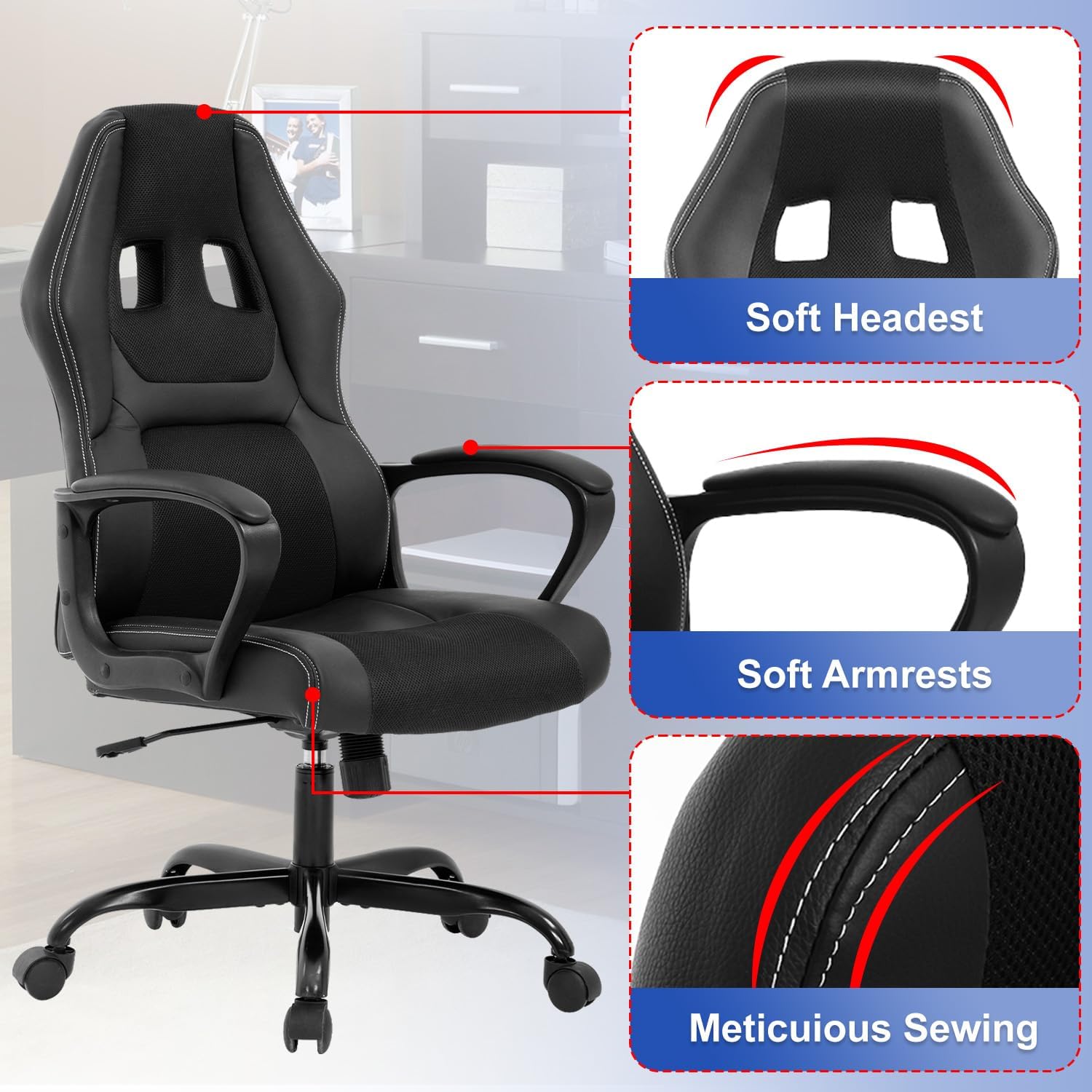 Gaming Chair PU Leather Chairs Ergonomic Office Chair Executive Computer Chairs High Back Computer Task with Lumbar Support Adjustable Height, Black