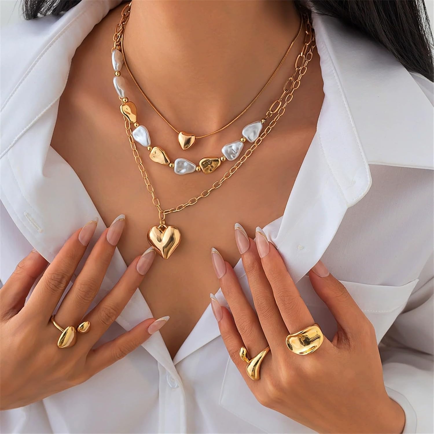 Dainty Heart Pendant Necklace for Women,Multilayer Chunky Puffy Heart Pearl Chain Necklace Set Statement Trendy Stackable Y2k Jewelry Accessories - Image 3