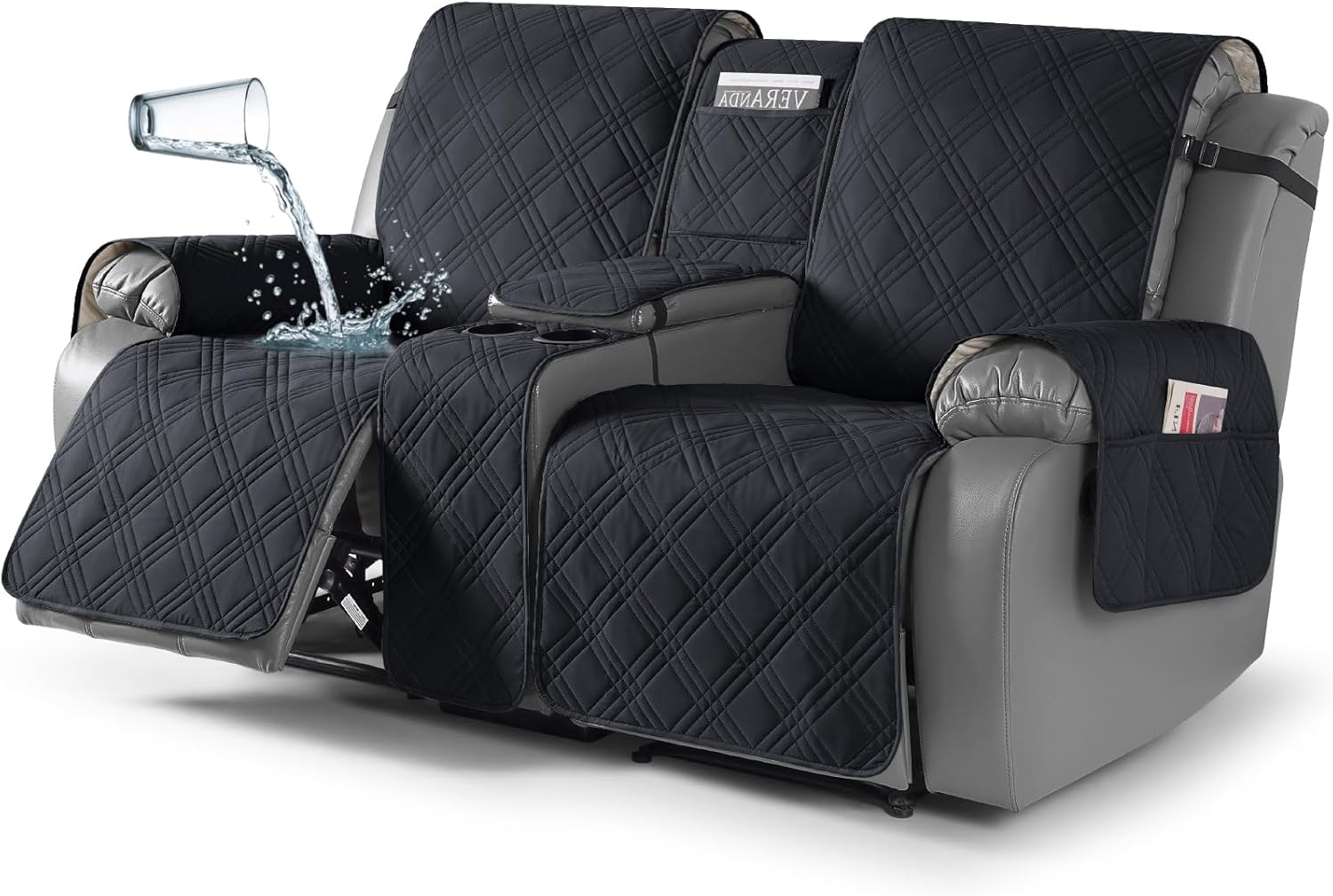 TAOCOCO Waterproof Loveseat Recliner Cover with Console, Non-Slip Reclining Loveseat with Console Cover with Pocket, Split Recliner Sofa Covers Furniture Protector for Pets Dogs(2 Seater, Black) Black 2 Seater