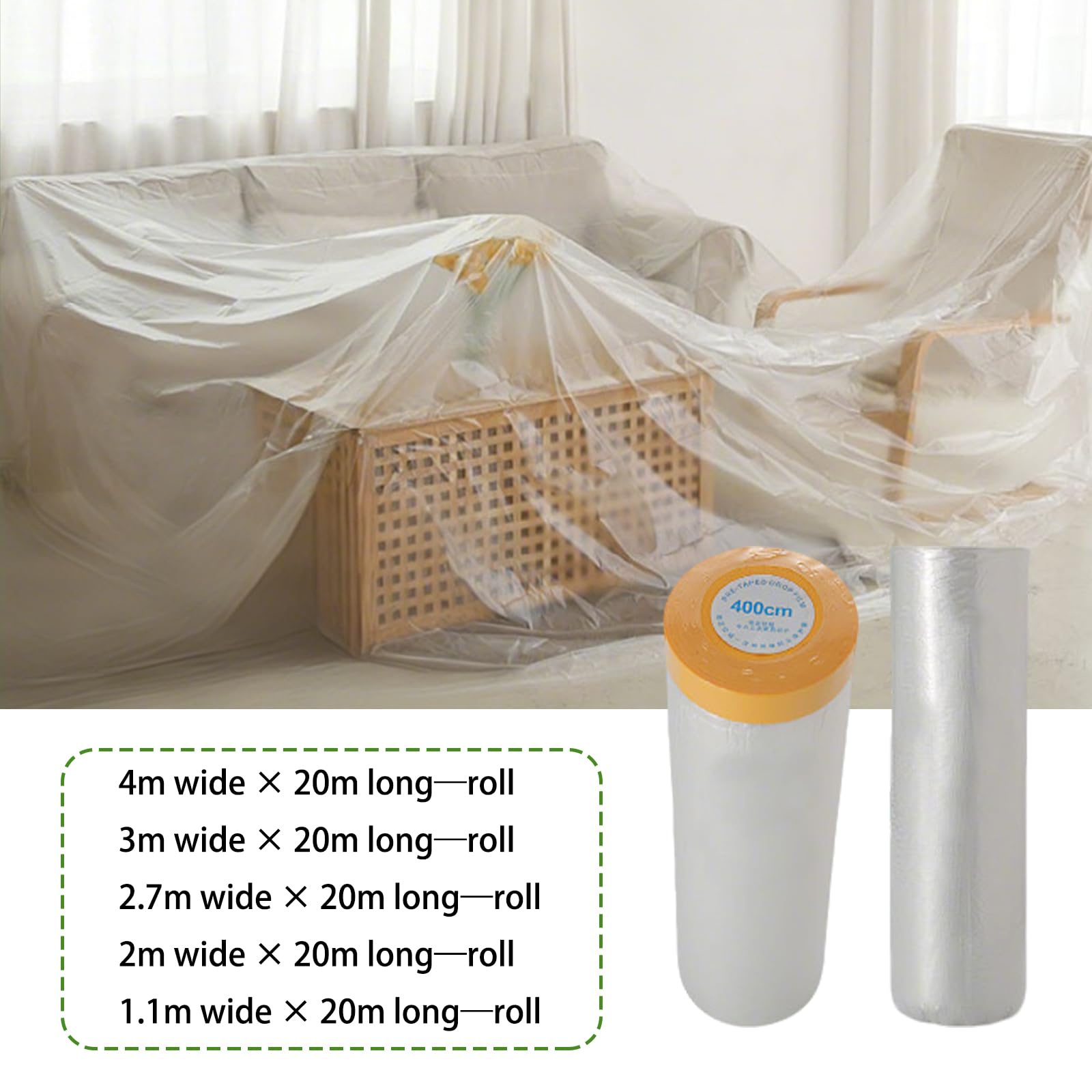 Vorbeklebte Abdeckfolie, Vorgeklebter Abdeckfilm, 1,1–4 m x 20, 2–10 Rollen(8 Rolls,2mx20m)