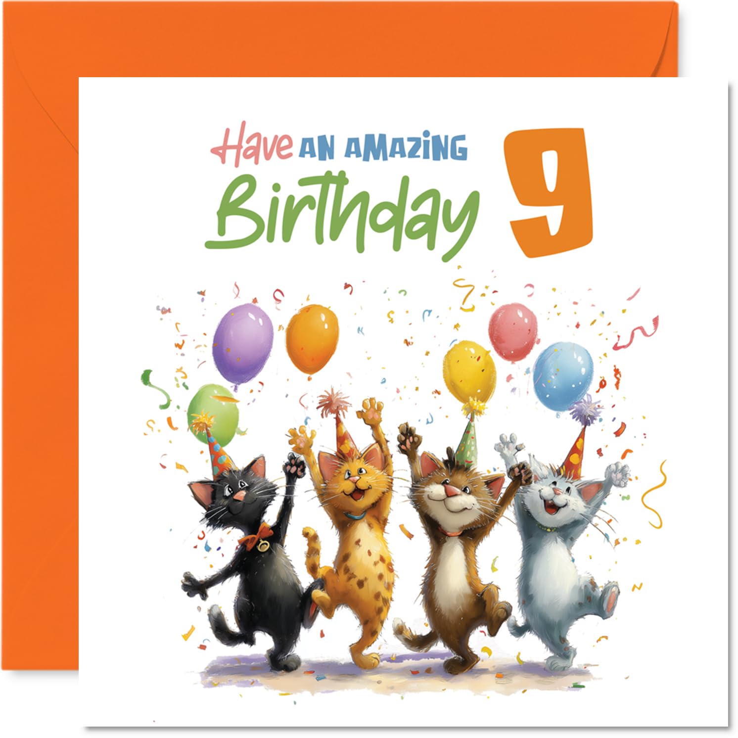 Playful 9th Birthday Card - Party-loving Cats and Balloons Spread Birthday Cheer - Colourful Celebration Design - Sure to Make Any 9-year-old Grin - 145mm Square, Envelope Included