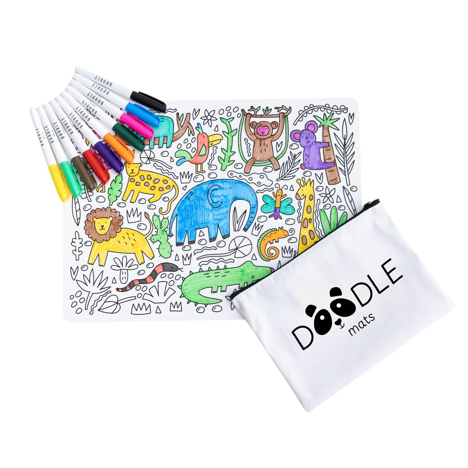 Doodle Mats Reusable Jungle Colouring Mat for Kids | Safari Animals Play Mat with 10 Washable Pens & Carry Case | Mess Free Travel Toy Featuring Lions, Elephants & Monkeys | Eco Friendly A3 Gift