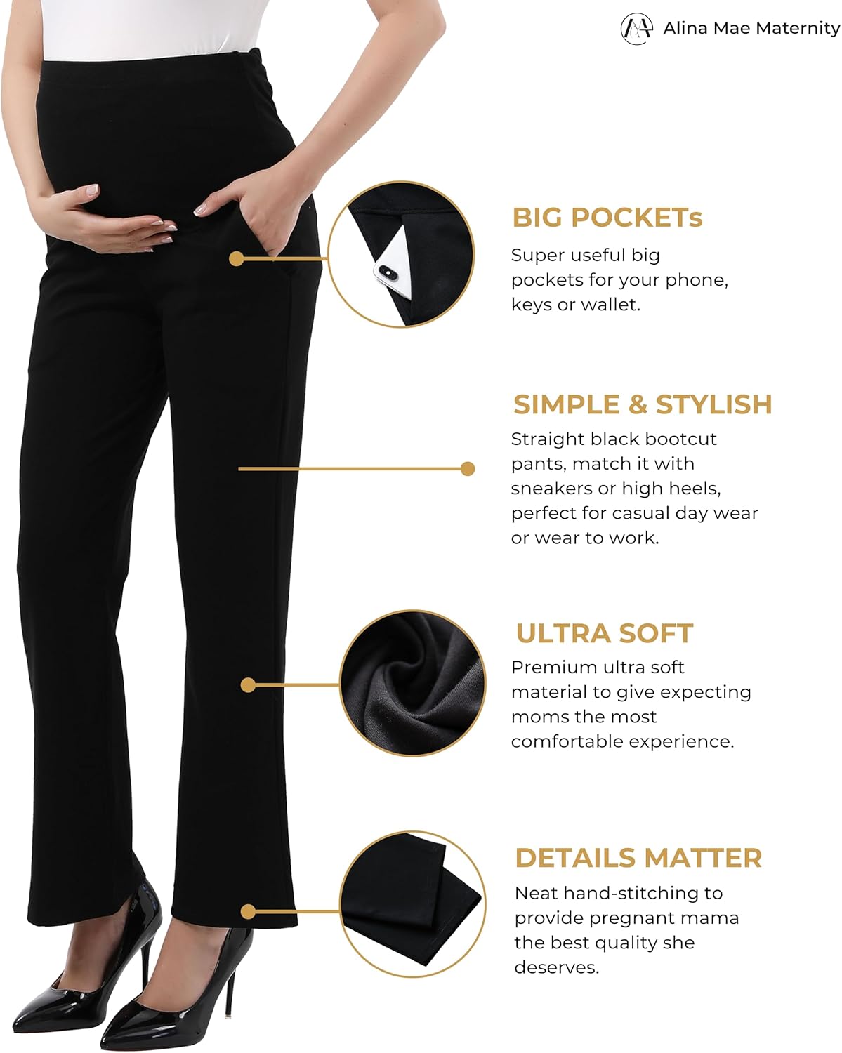 Alina Mae Maternity Pants Comfortable Stretch Over-Bump Women Pregnancy Casual Capris for Work - Image 3