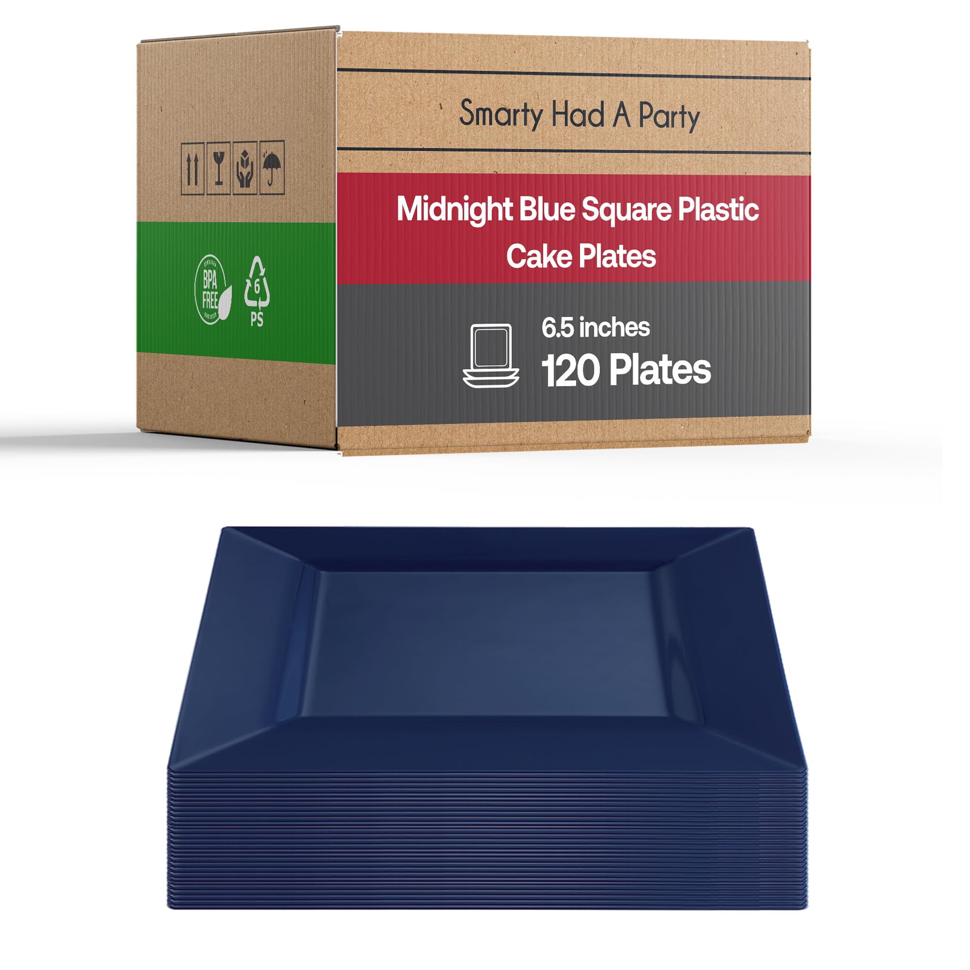 Smarty Had A Party Disposable Plastic Dessert Plates, 6.5" Heavy Duty Square Blue Salad Plates for Appetizers, Cakes, and Events, Bulk Supplies for