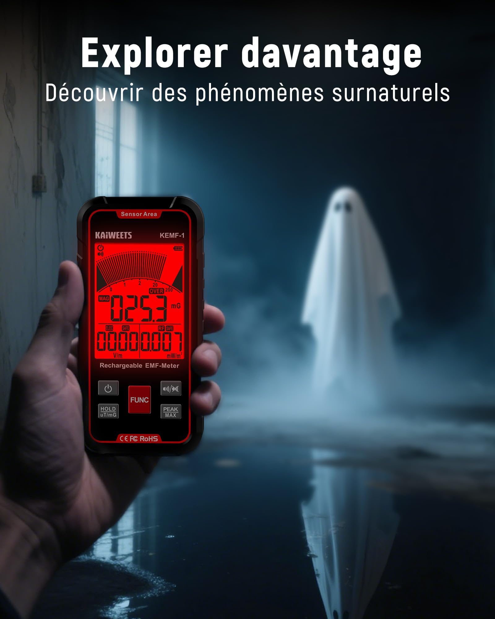 KAIWEETS Appareil de Mesure EMF Affichage Simultané des Données EF/MF/RF Écran LED Port de Charge de USB C Portable pour la Maison, le Bureau et l'extérieur