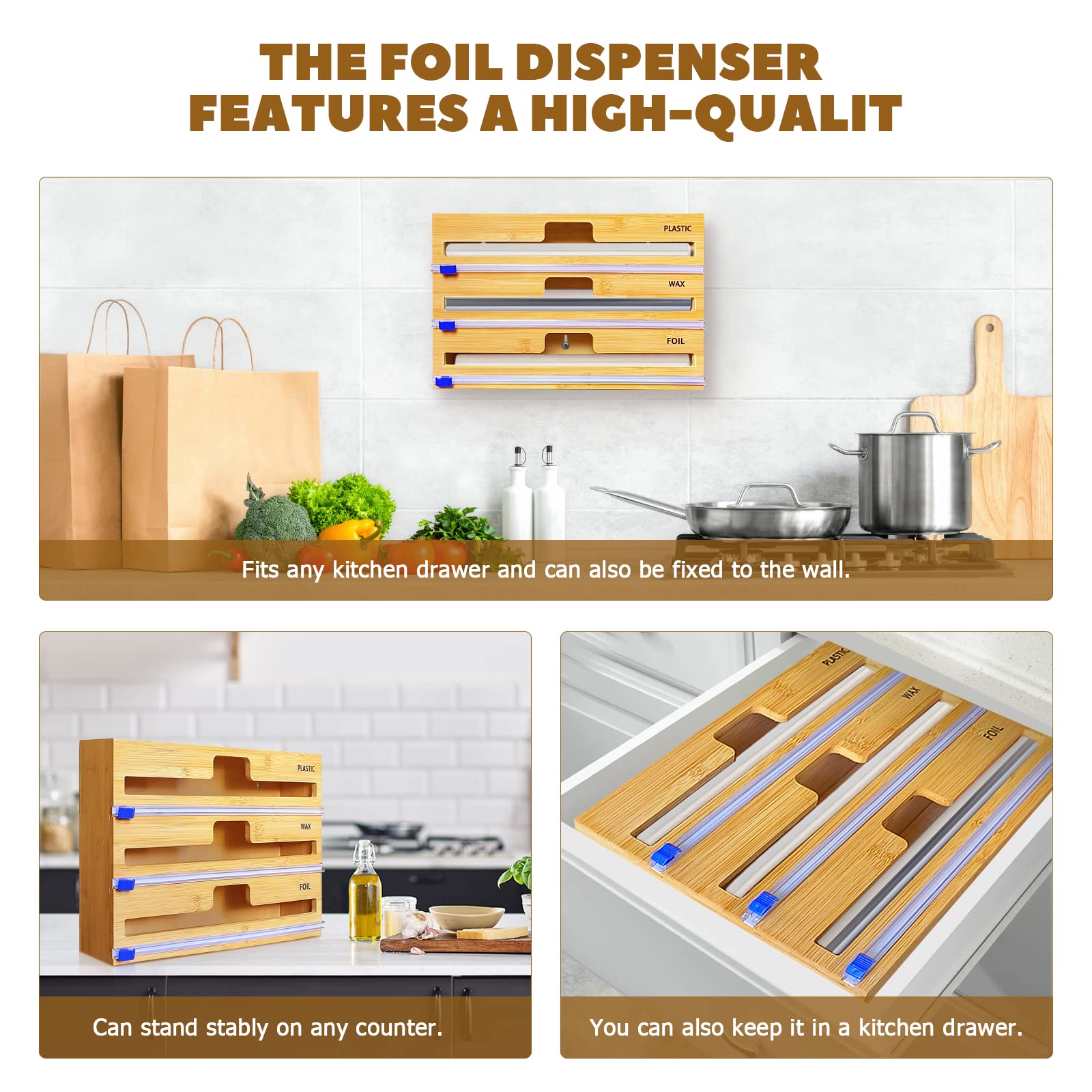 Dozownik do owijania z foremką i etykietami, papier woskowy, folia i plastikowy organizer do szuflady kuchennej, bambusowy organizer na rolki, kompatybilny z rolką 30 cm (3 w 1)