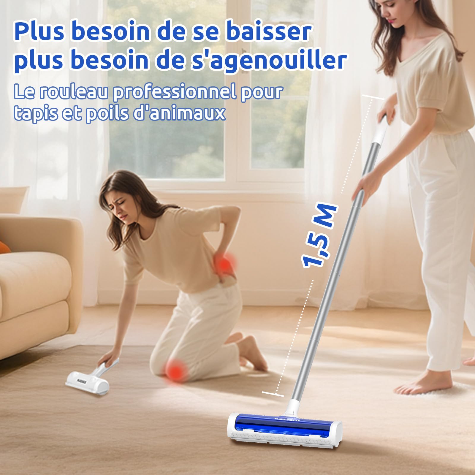 ACE2ACE Brosse Tapis Poils Animaux, Tapis Brosse pour Poils Chiens et Chats, Rouleau Anti Poils pour Tapis, Brosse Réutilisable avec Manche Long Réglable 1,5 m, pour Tapis, Carpettes, Nattes, Bleu