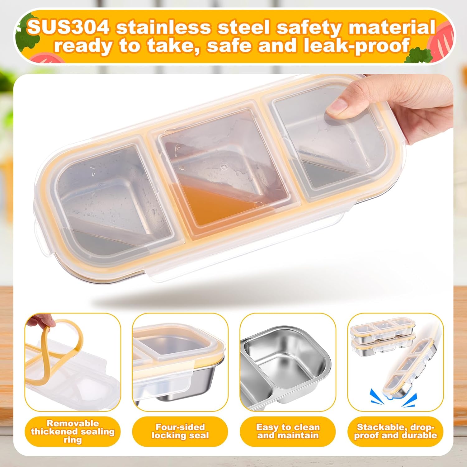 LemonRoad 4 Sets Stainless Steel Snack Containers for Kids Adults Reusable 3 Compartment Snack Boxes with Lids Leak Proof Metal Bento Lunch Boxes with Forks and Spoons for School Work Travel - Image 3