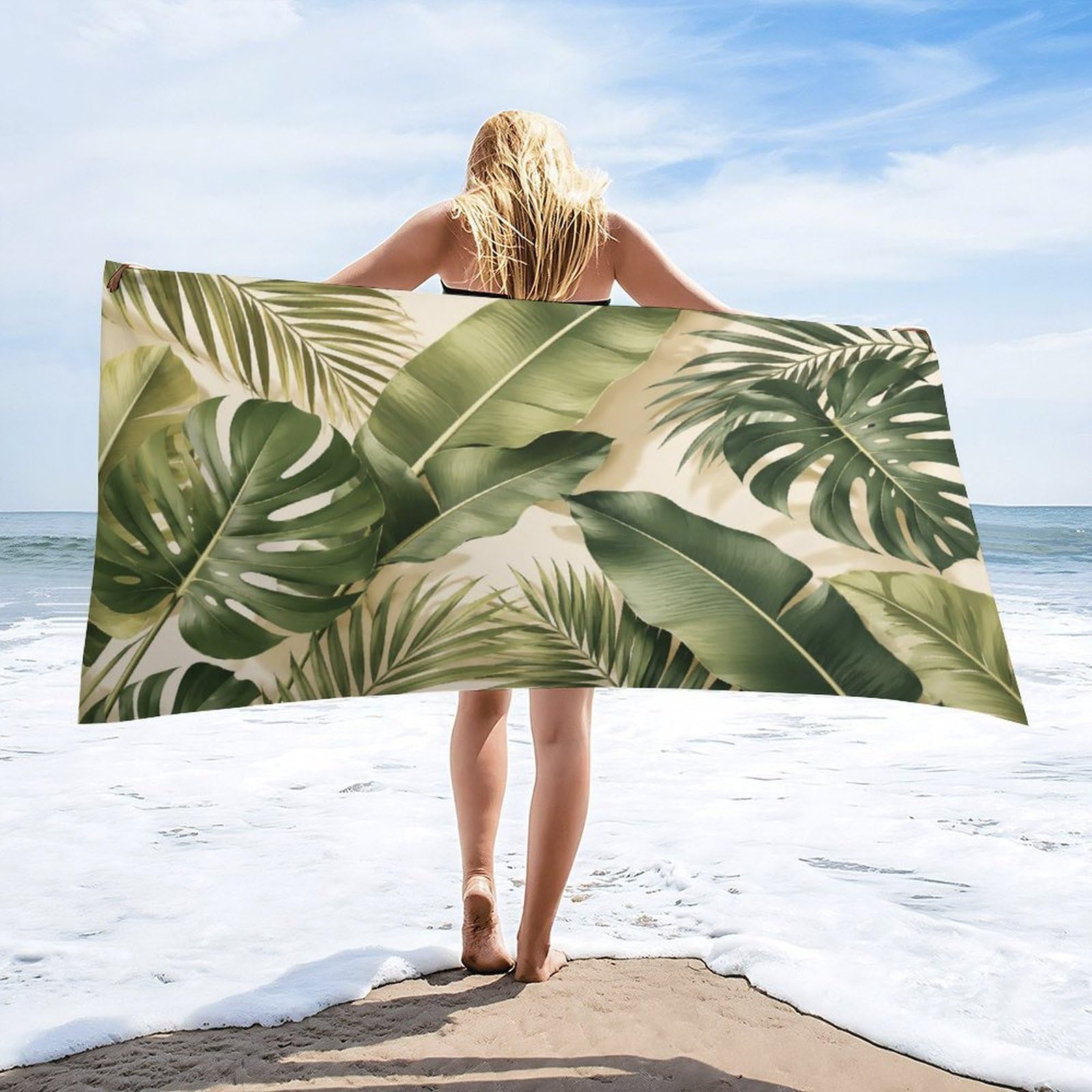 Anceky Tropical Leaves Beach Towel 32"×63",Soft Microfiber Bath Towel Shawl, Quick Dry Absorbent Pool Spa Gym Shower Towel