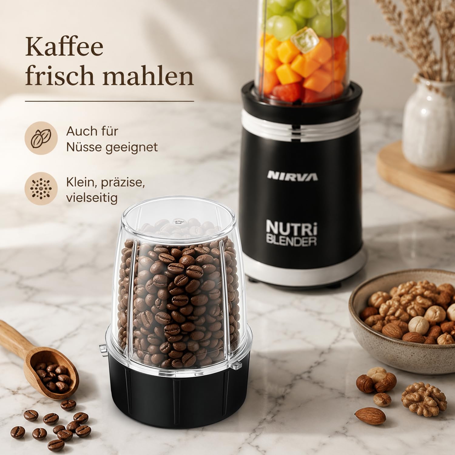 Nirva Smoothie Maker, Standmixer 2 in 1 mit Kaffeemühle, 25000 U/min Elektrischer Mixer für Shakes und Smoothies, 4 Klingen Edelstahlmesser, Personal Blender mit 4 Mixbechern & To-Go Deckel
