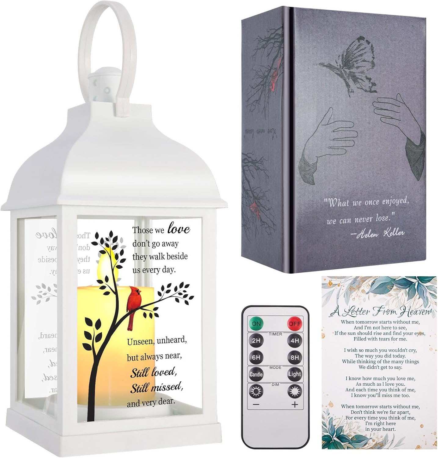Memorial Lantern with Card - Sympathy Gift for Loss of Mom/Dad/Loved One, Bereavement Keepsake with Flickering Flame, Memory Lamp for Funeral Remembrance or Celebration (White)