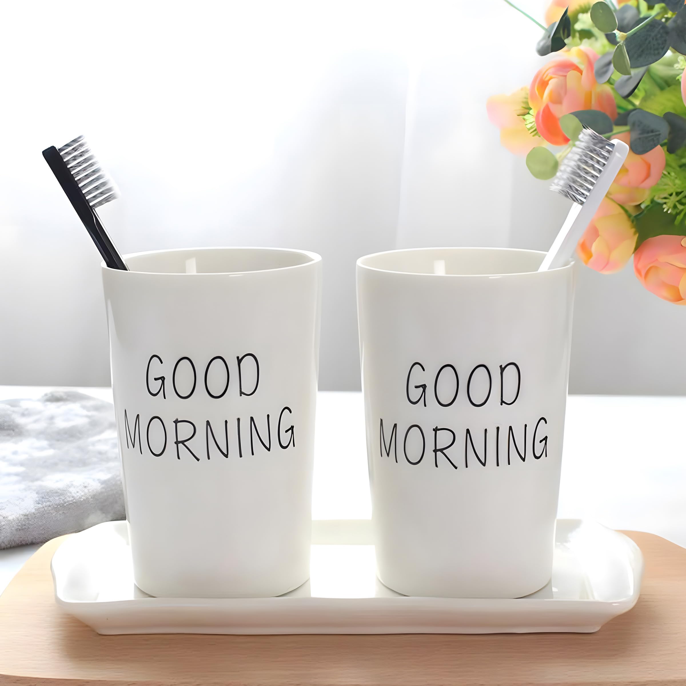 Kelake Vaso de cerámica blanca para baño, pasta de dientes, soporte para cepillo de dientes, agua, leche, bebidas, vaso de 350 ml, para baño, buenos días, parejas, taza para Navidad, cumpleaños