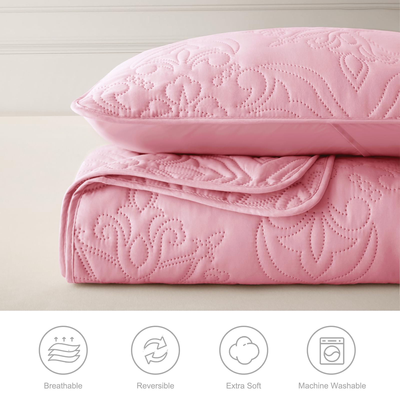 Juego de ropa de cama suave tamaño Queen para todas las estaciones, juego de edredón ultrasónico de damasco vintage, colcha reversible ligera, cubrecama con 2 fundas de almohada, rosa 5