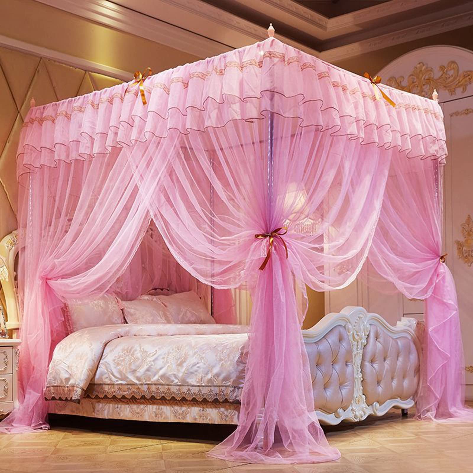 Zanzariera di lusso principessa baldacchino con supporto in acciaio inox, baldacchino con 4 pali angolari, 3 ingressi laterali per ragazze e adulti