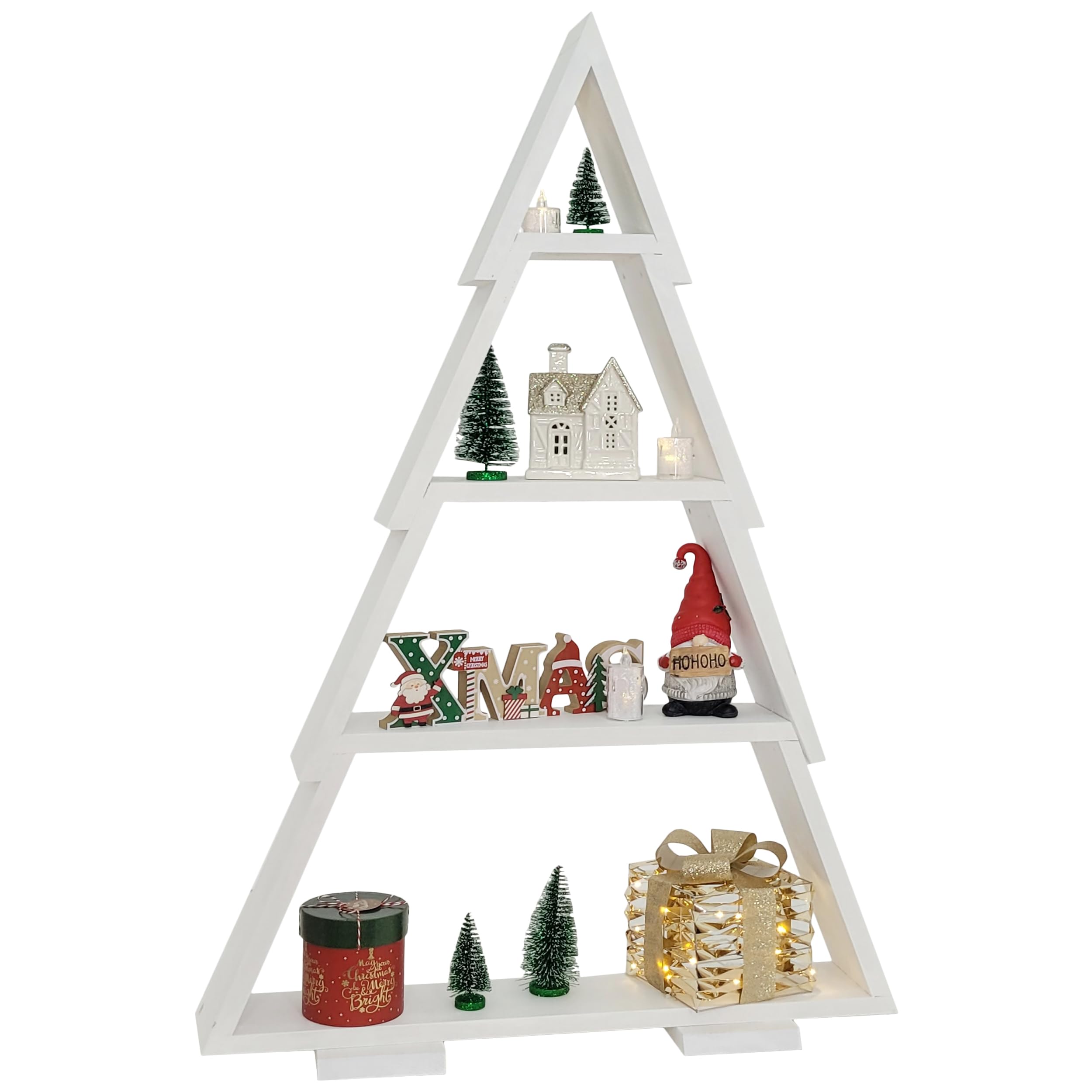 WEECO Sapin de Noël Décoratif en Bois avec 4 Étagères - Arbre Fait à la Main 110 x 86 cm - Décoration Debout ou Suspendue pour Intérieur et Extérieur - Blanc