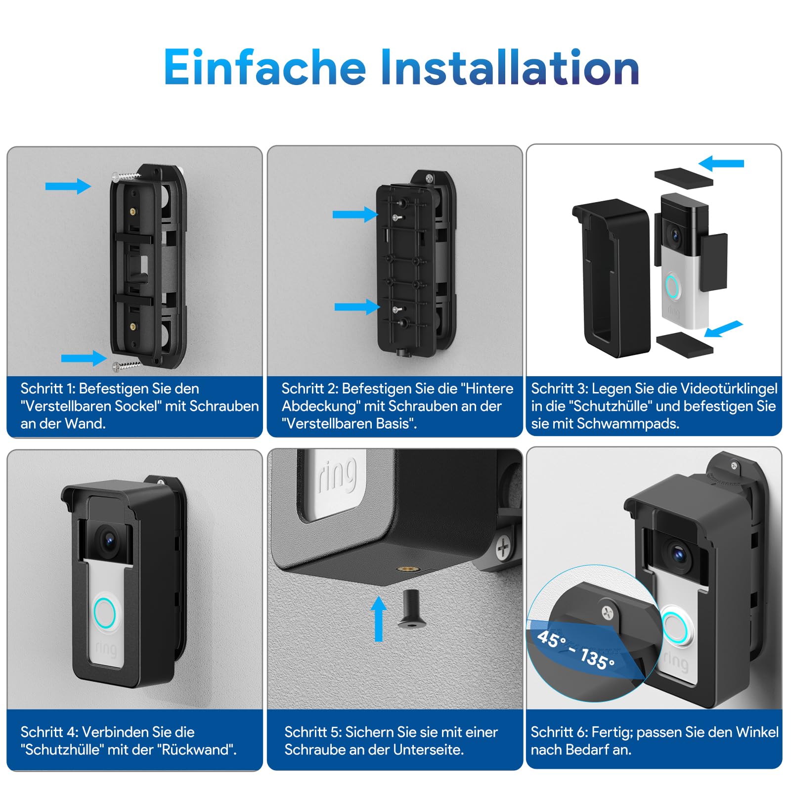 Soporte para Timbre con Vídeo a Prueba de Lluvia, 45-135° Compatible con Video Doorbell Wired/Pro-Pro2/4/3 Plus/3/2/1(Batería), Soporte Angular Antirrobo para Timbre, Accesorios Ajustables para Timbre