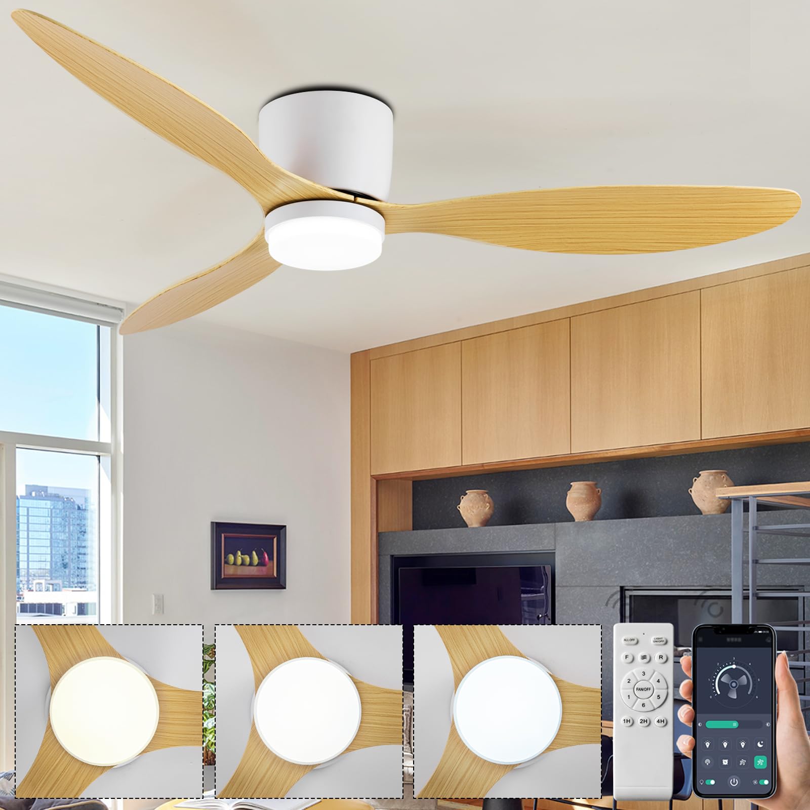SXDMOUBK Large Ceiling Fan with Remote Light 6 Speed Silent Indoor Ceiling Fan Reversible DC Motor Timer 3 CCT Selectable Wood Grain Finish 3 Blade for Living Room & Lounge