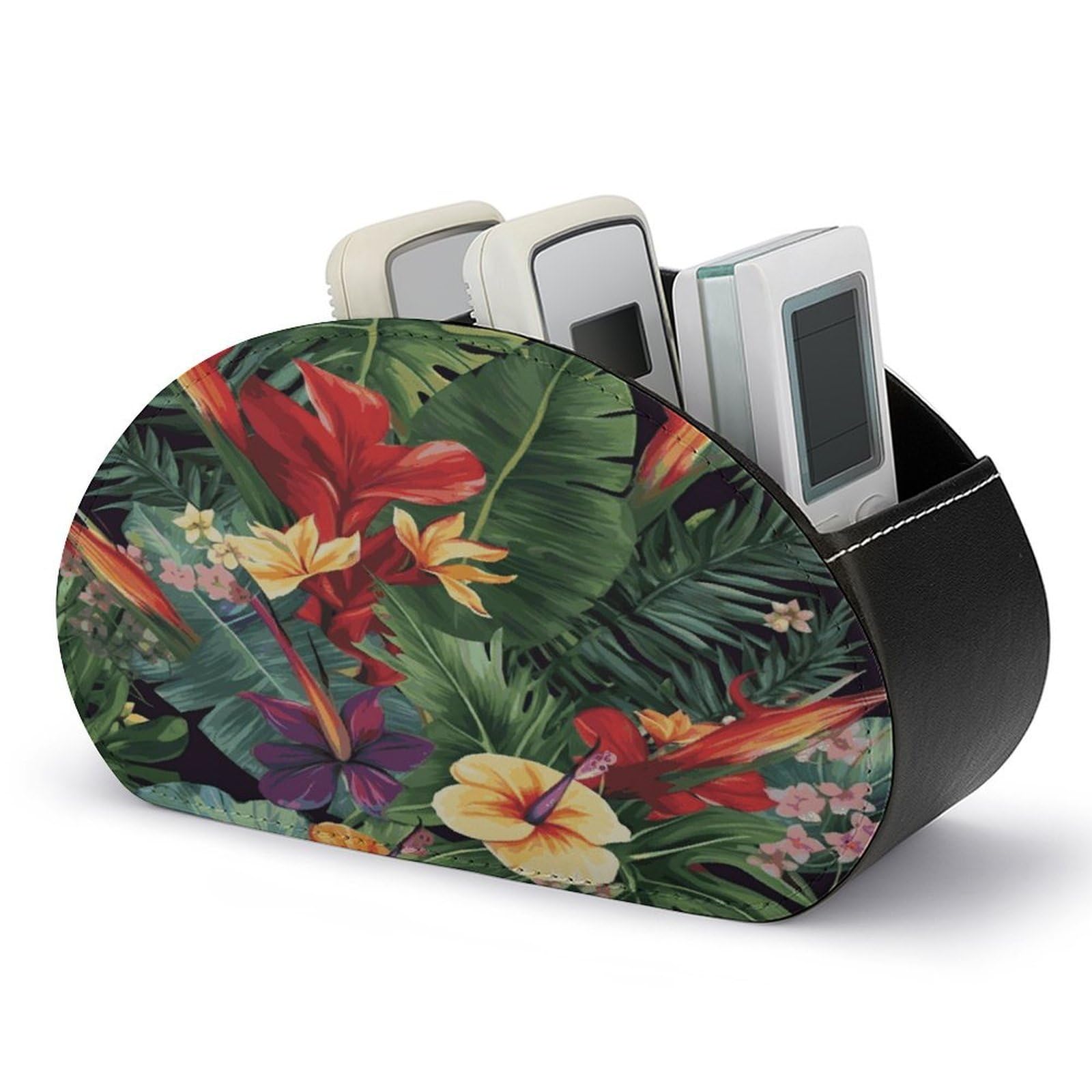 FekiLoot Tropical Plant Flowers Remote Control Holder PU Leather Tabletop Organizer with 5 Compartments Storage Tray & Desktop Organizer for TV Remotes Glasses Pens