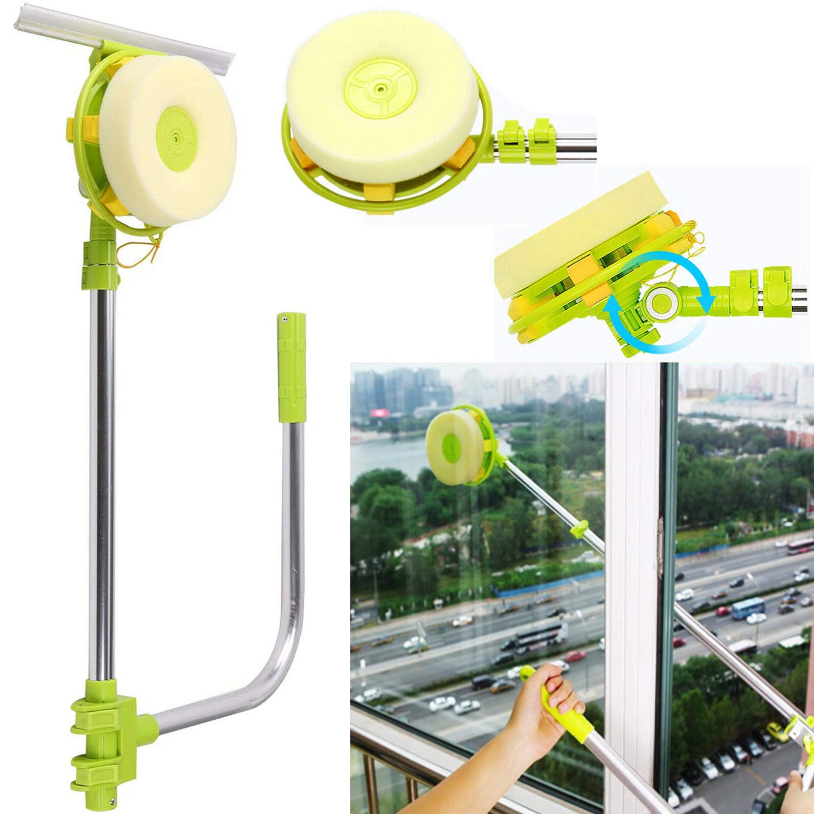 xtendable High-Rise Window Cleaner Telescopic U-Type Window Cleaning Squeegee Washer with Telescoping Pole, Adjustable Various Angles Head, 2 in 1 Sponge Squeegee, Washable Sponge Tool Kit